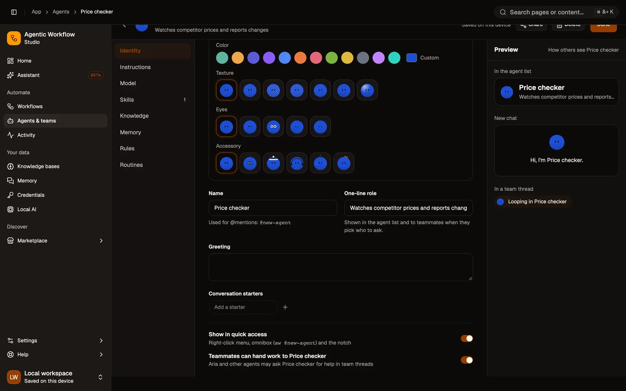 The Identity tab of the agent builder for a new agent, Price checker: the look options (color, texture, eyes, accessory) above the Name, One-line role, Greeting and Conversation starters fields, with the builder tabs on the left and a preview of the agent in the list, a new chat and a team thread on the right.