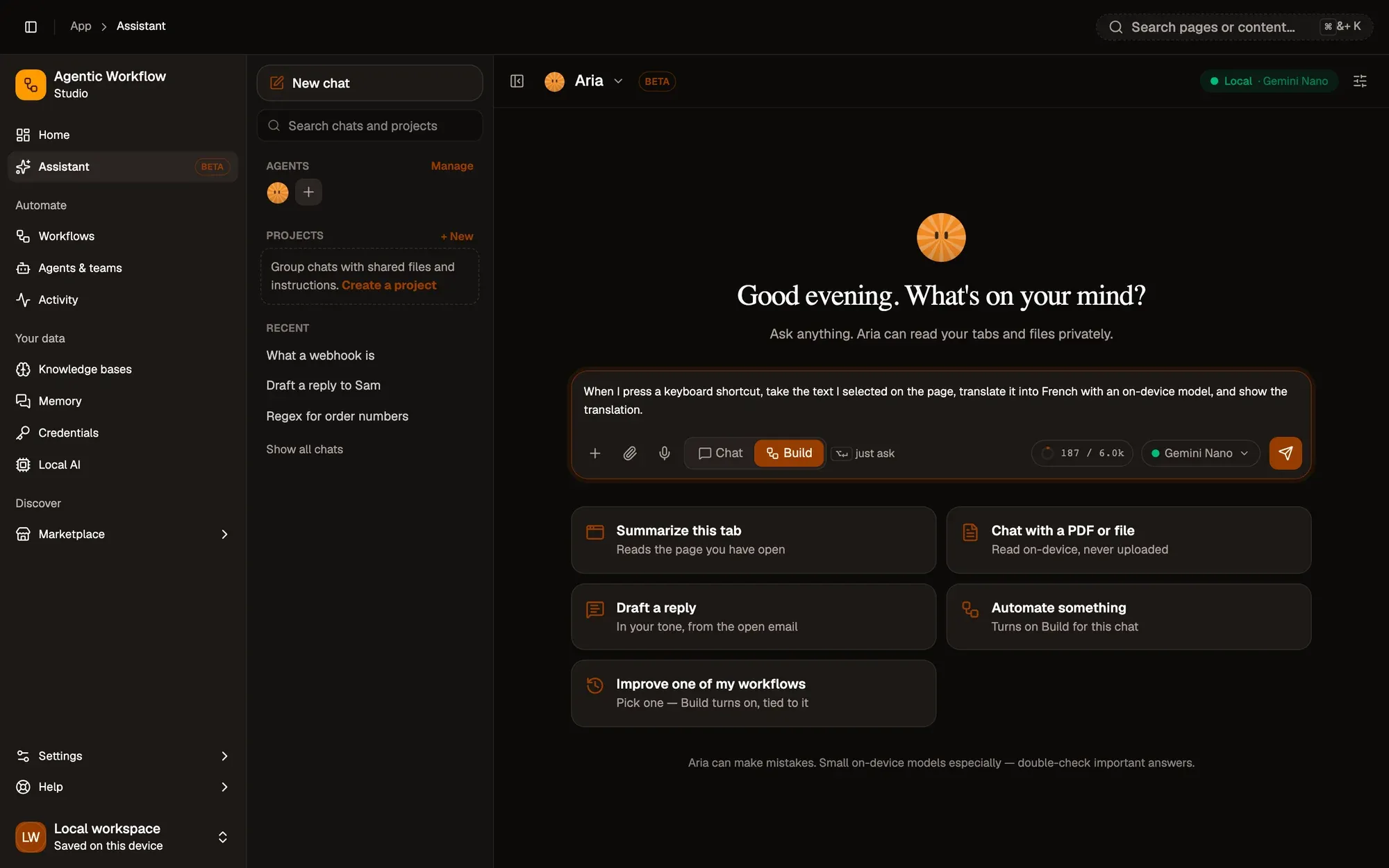 Aria in Build mode drafting a workflow with a live preview