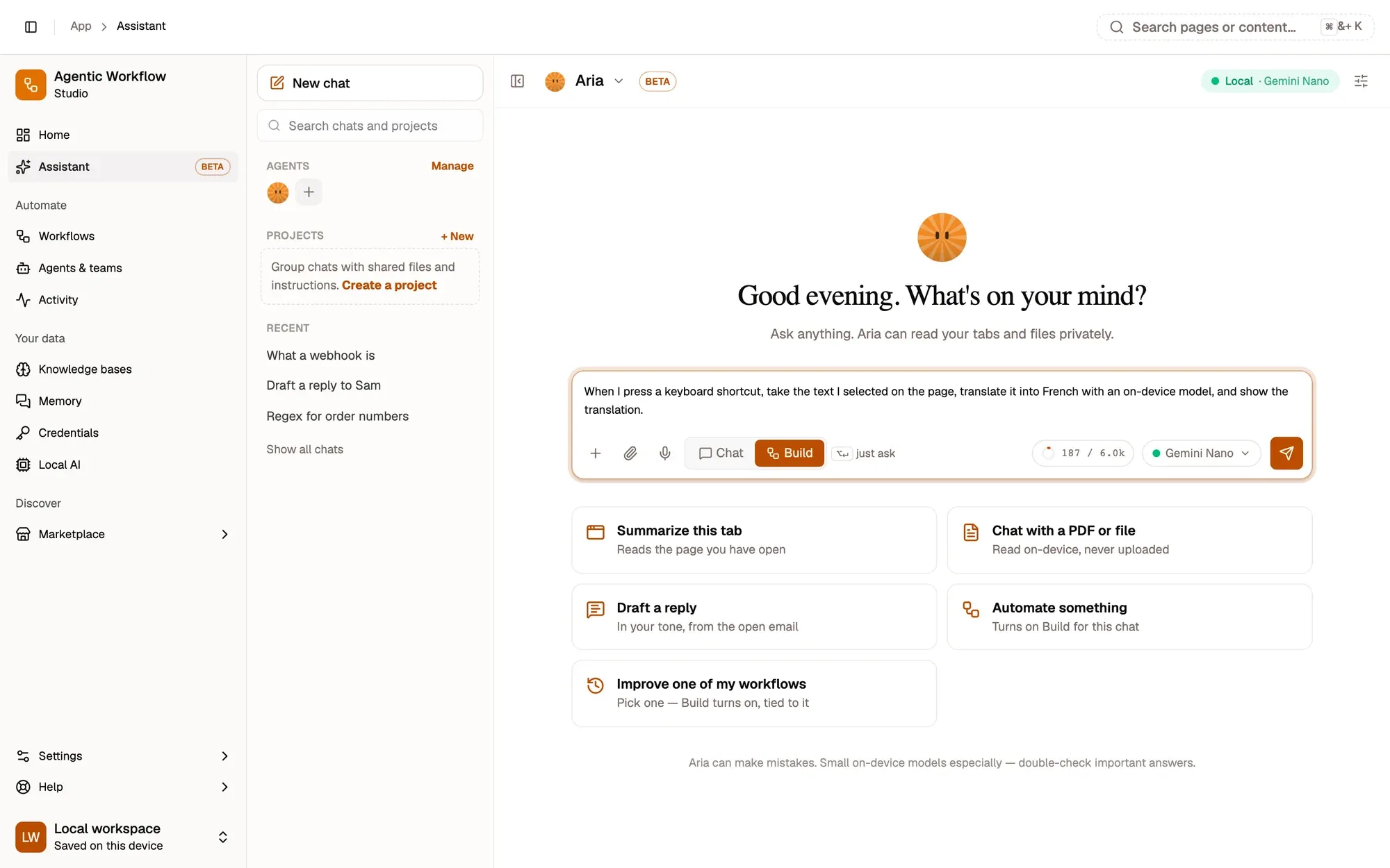 Aria in Build mode drafting a workflow with a live preview
