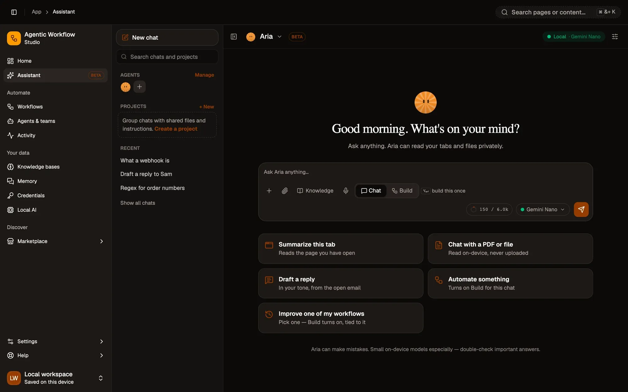 A new chat with Aria: the greeting, then the composer with the Ask Aria anything box, the Add context (+), Attach files and Dictate buttons, the Chat and Build switch, the context meter, the model picker set to Gemini Nano and the send button, above suggestion cards.