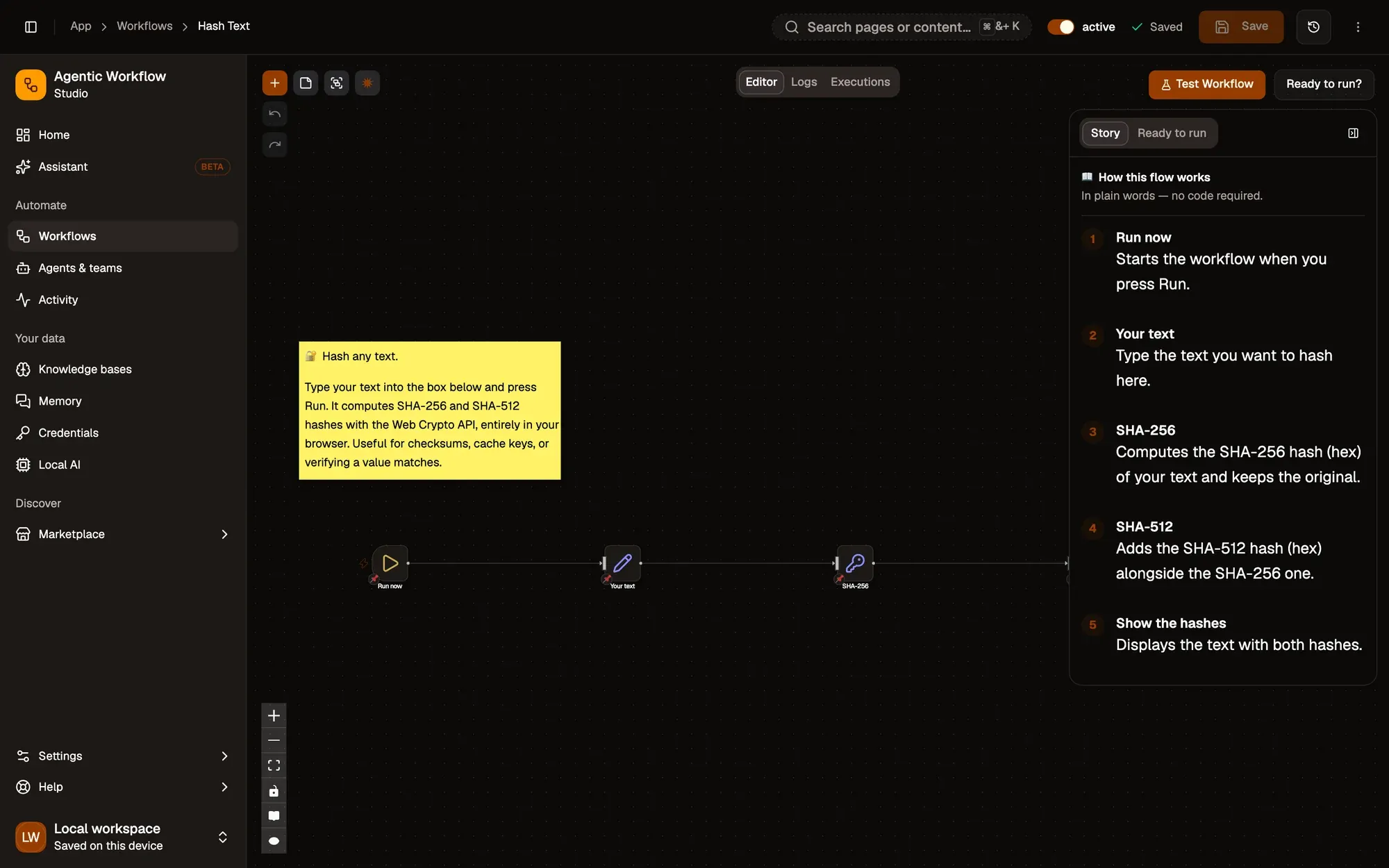 A workflow on the AWFlow canvas with sticky notes explaining each step