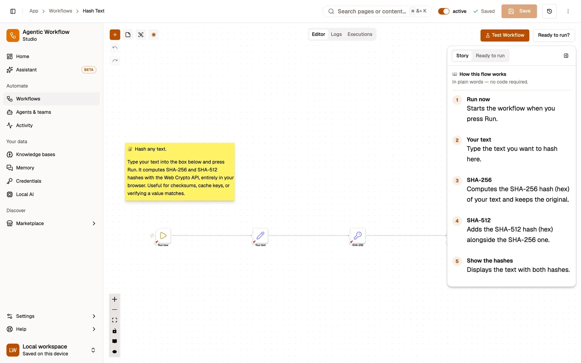 A workflow on the AWFlow canvas with sticky notes explaining each step
