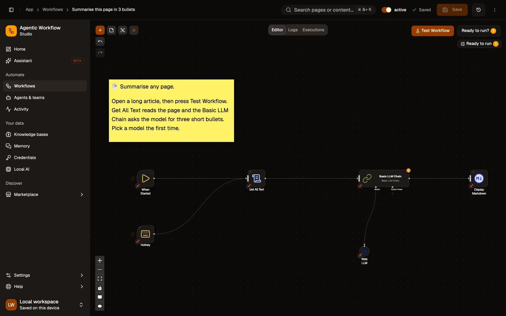 The Summarise this page in 3 bullets workflow with its Hotkey trigger added: Hotkey sits under When Started and both lines lead into Get All Text, then Basic LLM Chain (with Web LLM under it) and Display Markdown. The header shows the Workflow active switch reading active, Saved and the Save button.