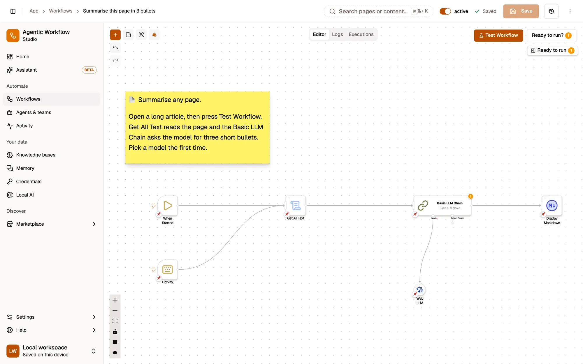 The Summarise this page in 3 bullets workflow with its Hotkey trigger added: Hotkey sits under When Started and both lines lead into Get All Text, then Basic LLM Chain (with Web LLM under it) and Display Markdown. The header shows the Workflow active switch reading active, Saved and the Save button.