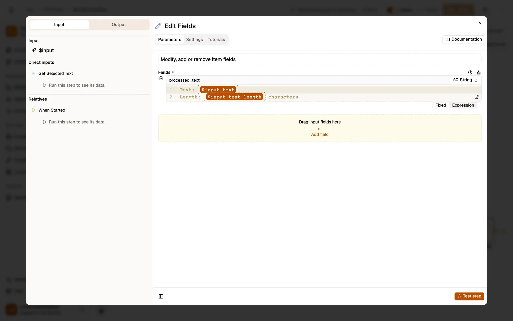 The settings panel of Edit Fields: under Fields, a field named processed_text of type String whose value is “Text: {{ $input.text }}” and “Length: {{ $input.text.length }} characters”, with Drag input fields here or Add field below.