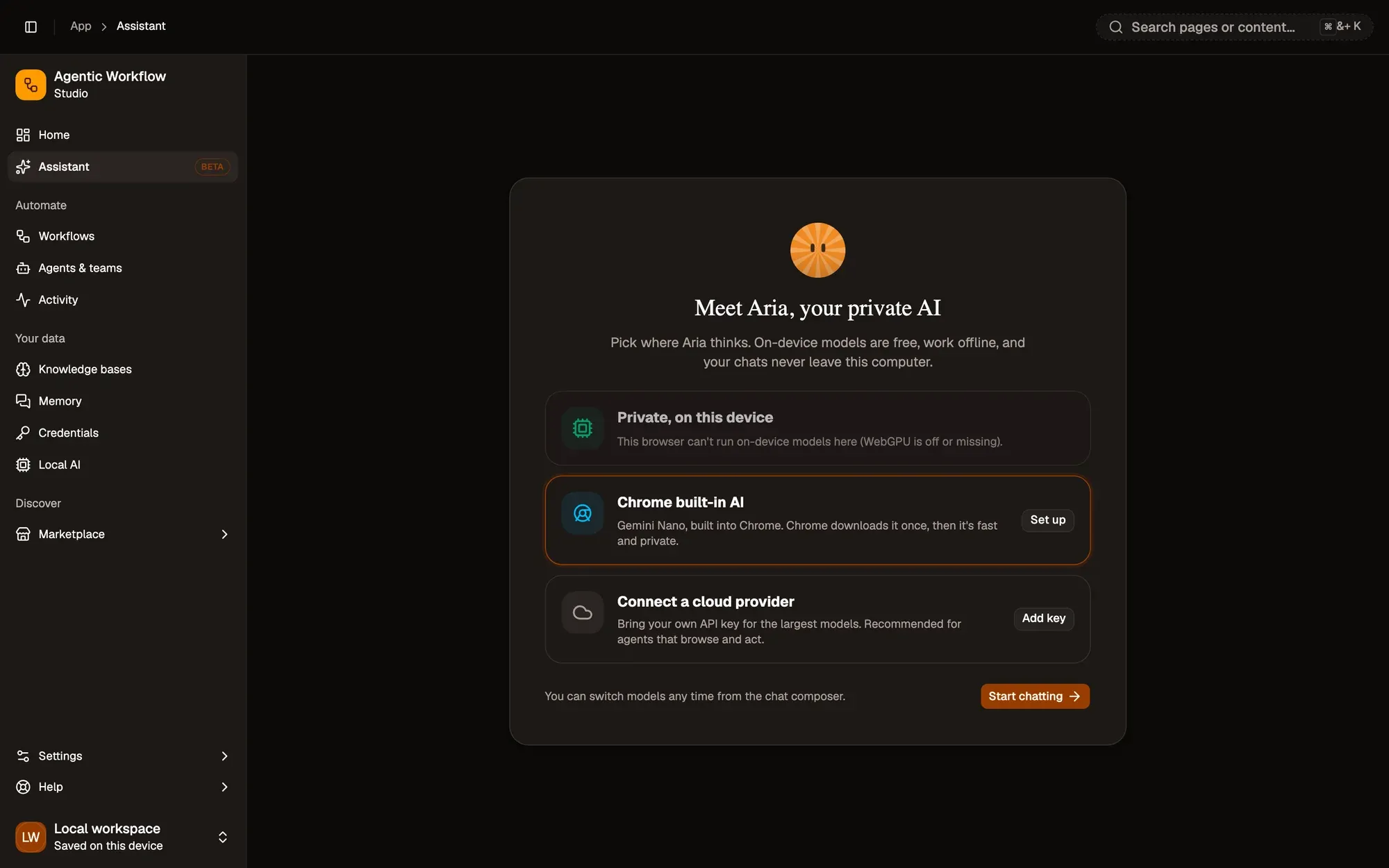 The Assistant’s first-visit card, Meet Aria, your private AI: Private, on this device (greyed out here, because the capture browser has no WebGPU), Chrome built-in AI with Set up, Connect a cloud provider with Add key, and Start chatting.