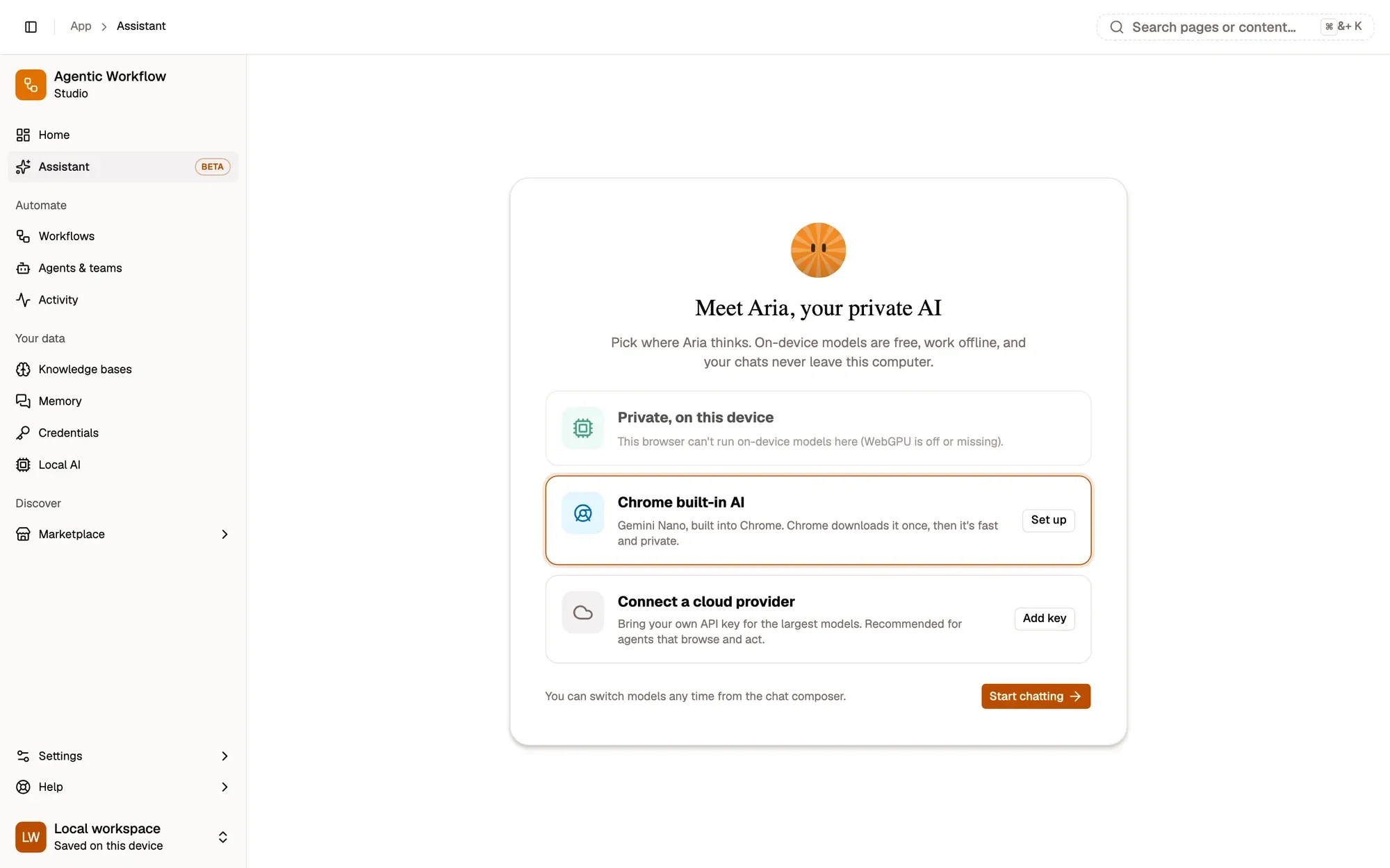 The Assistant’s first-visit card, Meet Aria, your private AI: Private, on this device (greyed out here, because the capture browser has no WebGPU), Chrome built-in AI with Set up, Connect a cloud provider with Add key, and Start chatting.