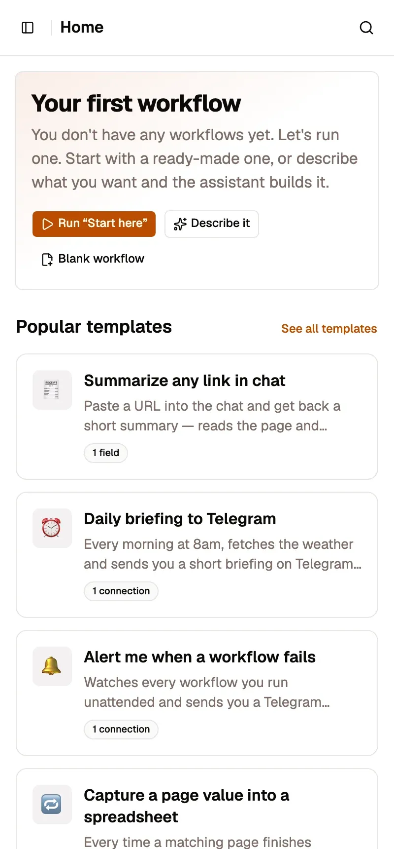 The AWFlow app at side-panel width (400 px) on its Home page, in a new local workspace: a compact header with the sidebar button and search, a Your first workflow card with Run “Start here”, Describe it and Blank workflow, and Popular templates below.