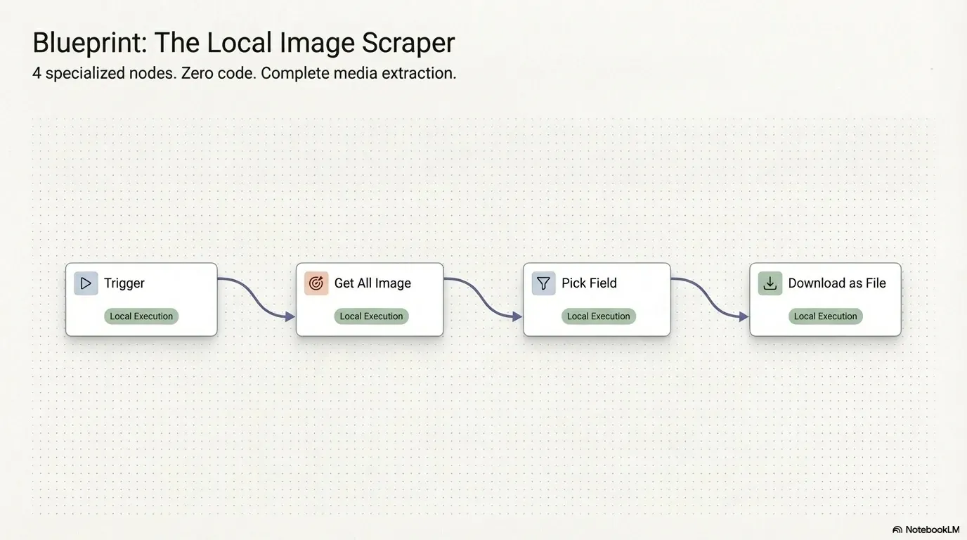 Image scraper workflow: Trigger, Get All Image, Pick Field and Download as File nodes