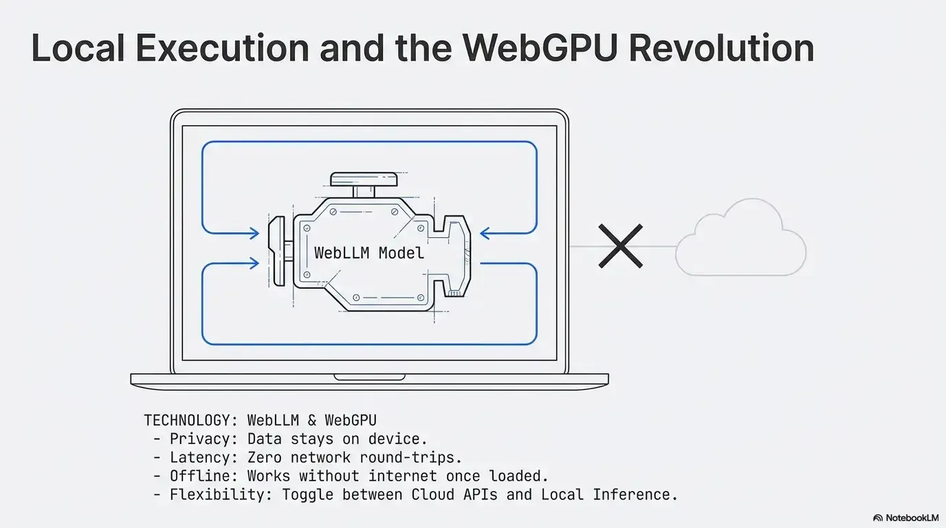 A WebLLM model running locally on a laptop through WebGPU, cut off from the cloud