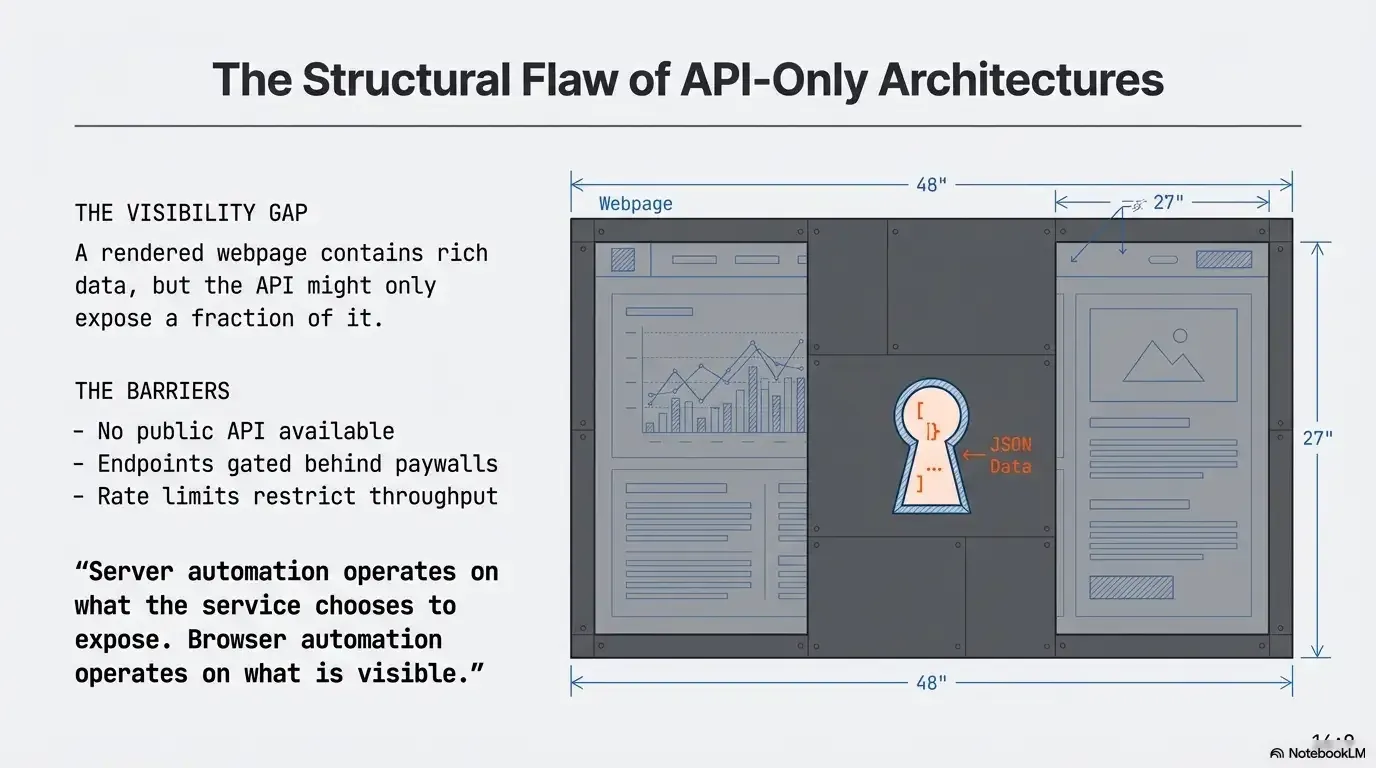 Diagram: an API exposes only a keyhole view of the data a rendered web page shows