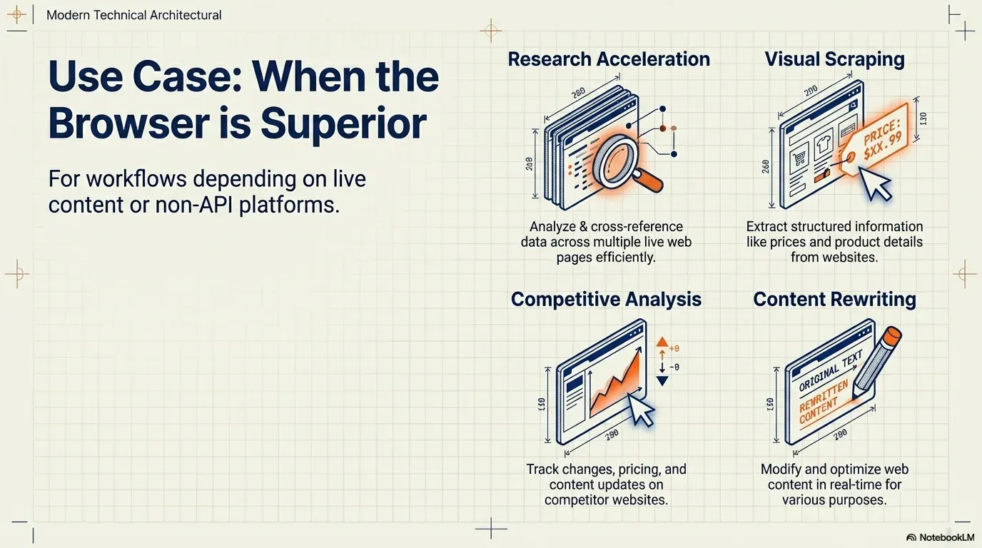 Use cases where the browser wins: research, visual scraping, competitive analysis, content rewriting