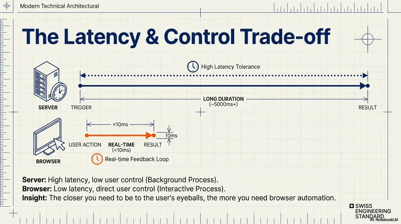 Latency trade-off: server runs take seconds in the background, browser actions respond in real time