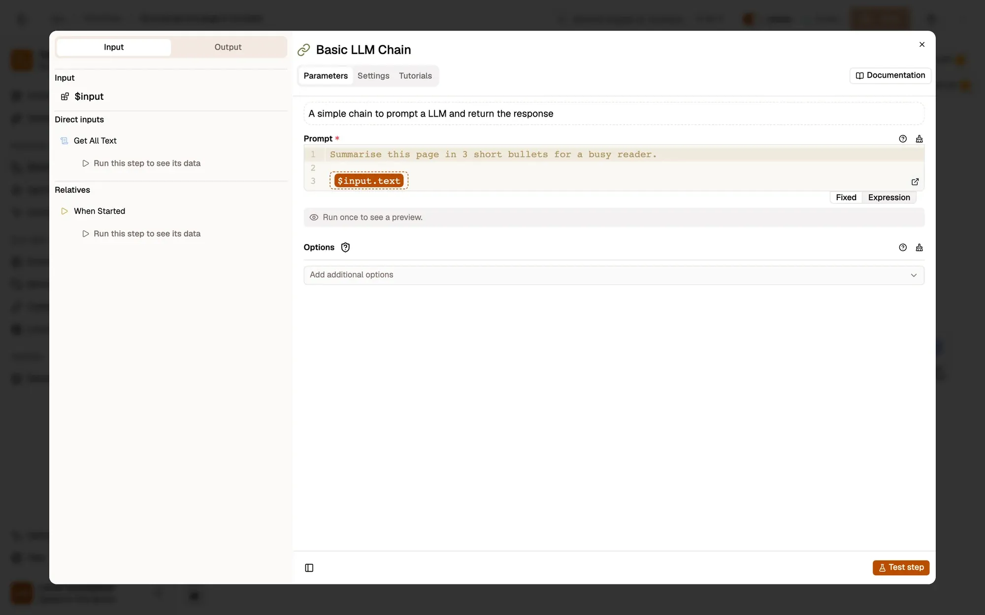 The settings panel of the Basic LLM Chain step in the Summarise this page example, with the Prompt field asking for 3 short bullets and ending with {{ $input.text }}.