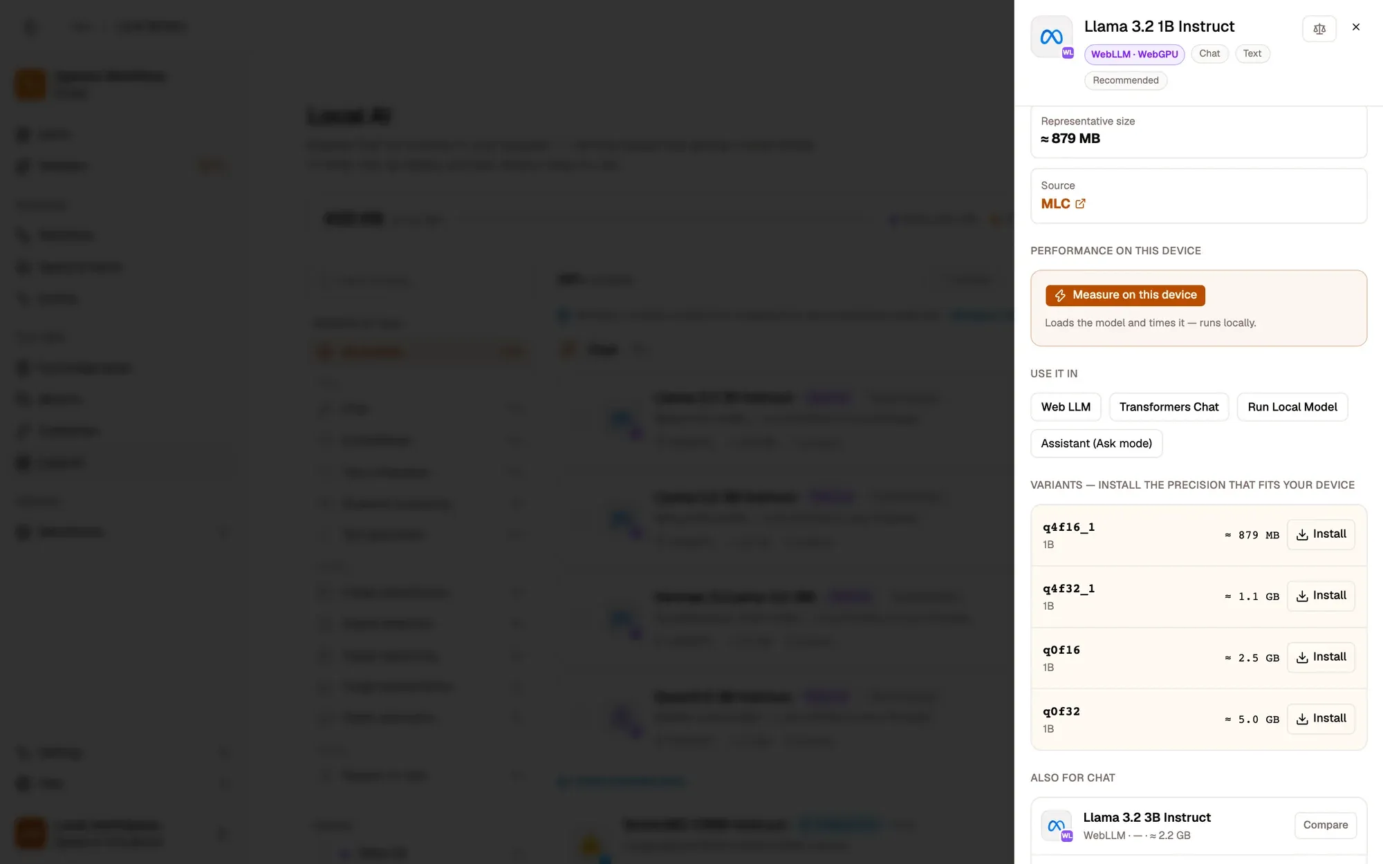 The detail view of Llama 3.2 1B Instruct on the Local AI page, scrolled to Use it in (Web LLM, Transformers Chat, Run Local Model) and Variants: four precisions (q4f16_1 ≈ 879 MB, q4f32_1 ≈ 1.1 GB, q0f16 ≈ 2.5 GB, q0f32 ≈ 5.0 GB), each with an Install button.