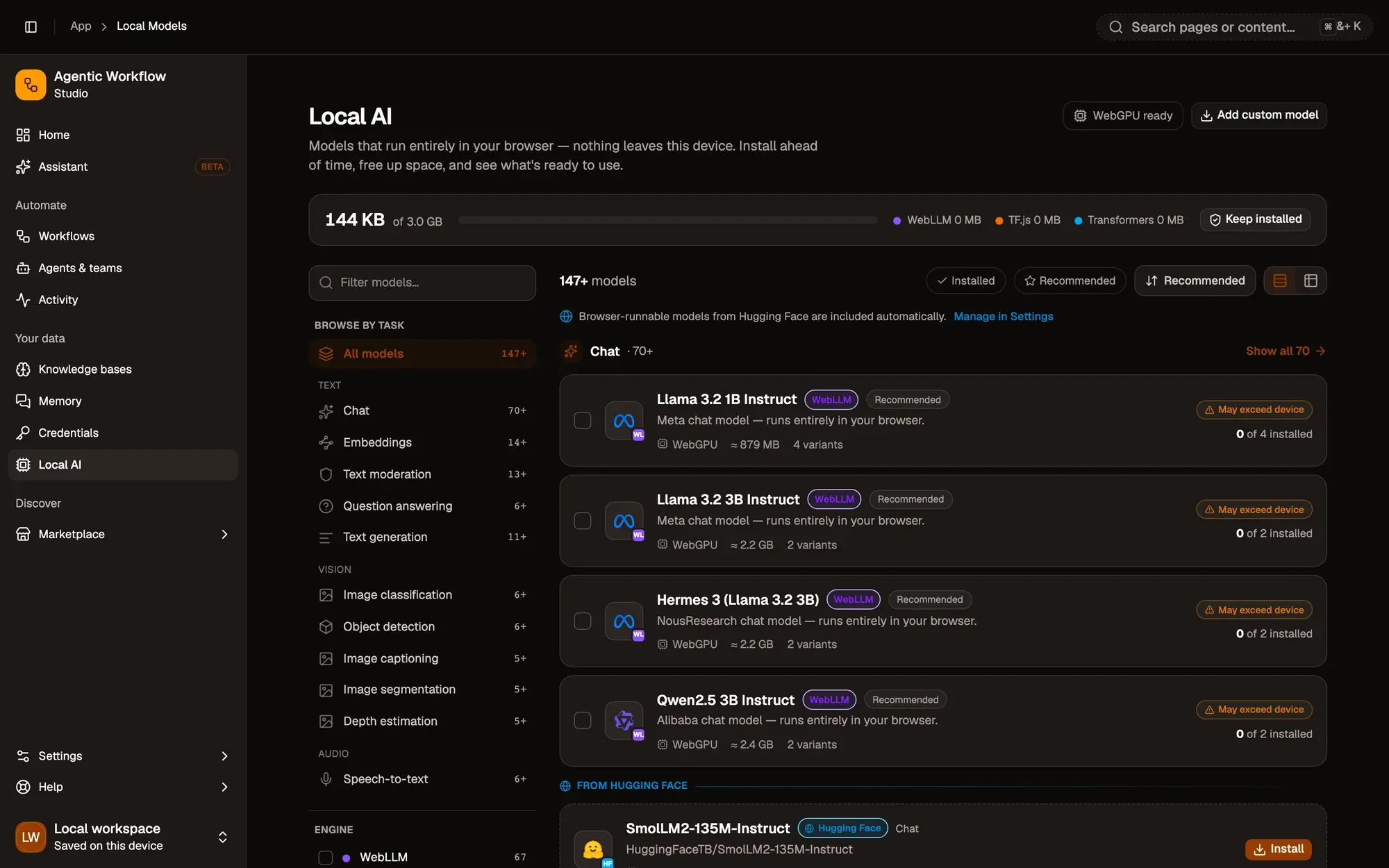 The Local AI model manager, grouped by task