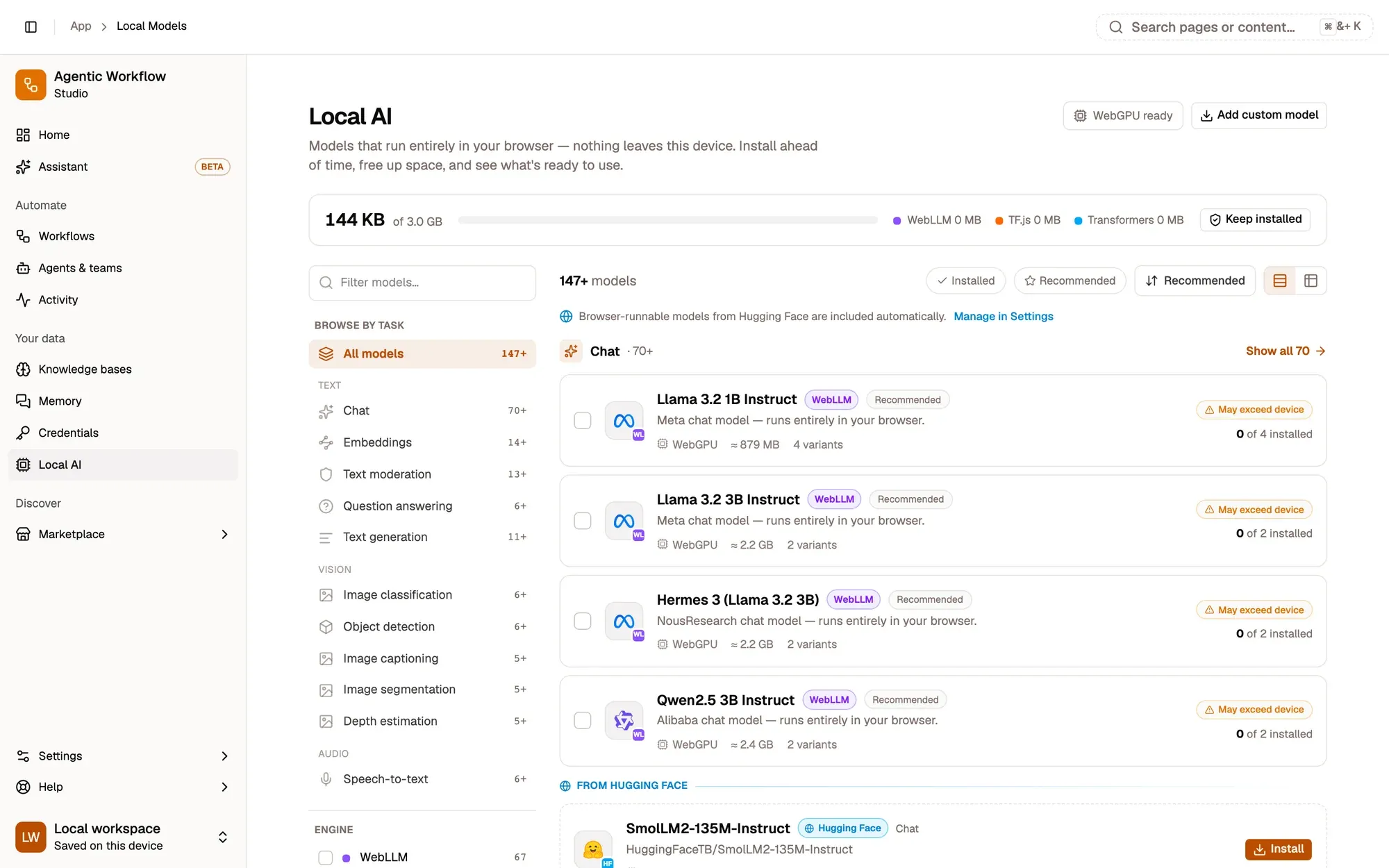 The Local AI model manager, grouped by task