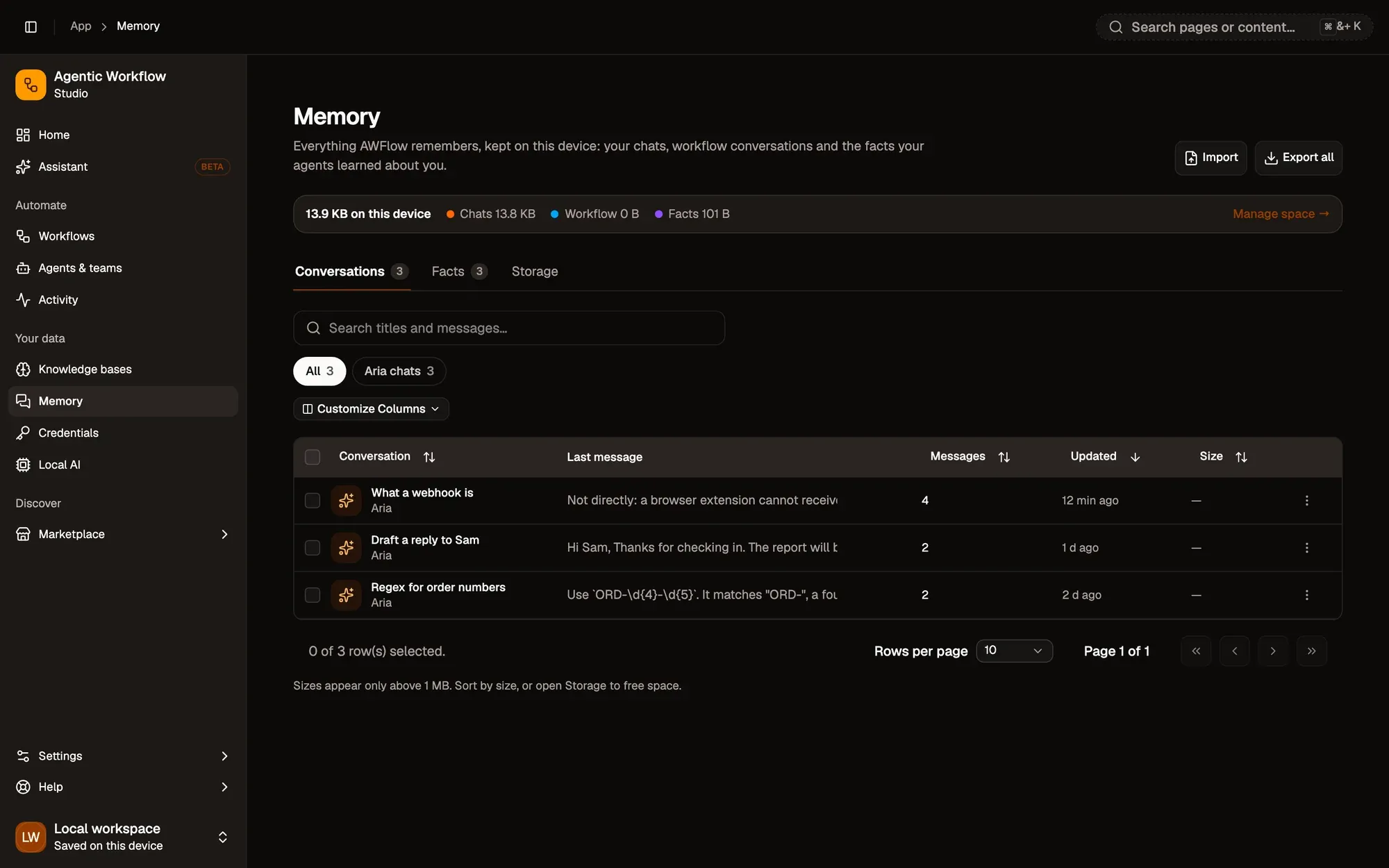 The Memory page listing conversations and long-term facts