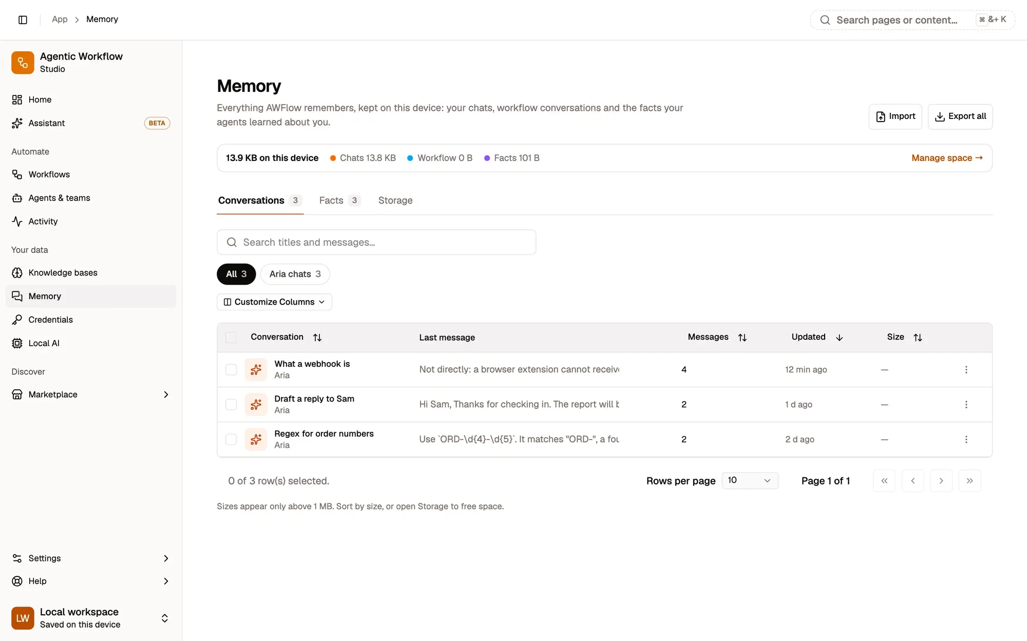 The Memory page listing conversations and long-term facts