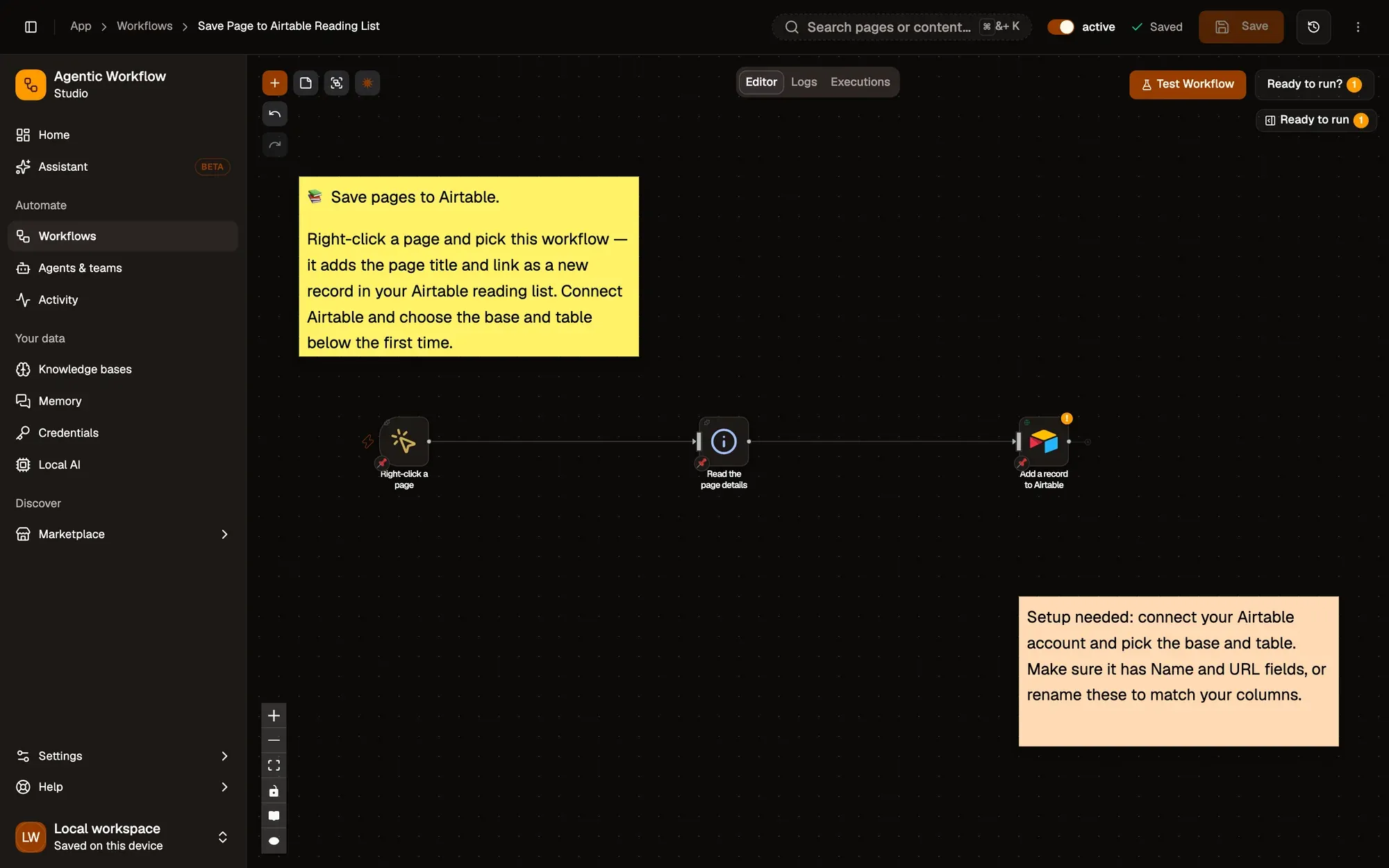 The Save Page to Airtable recipe on the canvas: a context-menu trigger, a step that reads the page details, and the Airtable step