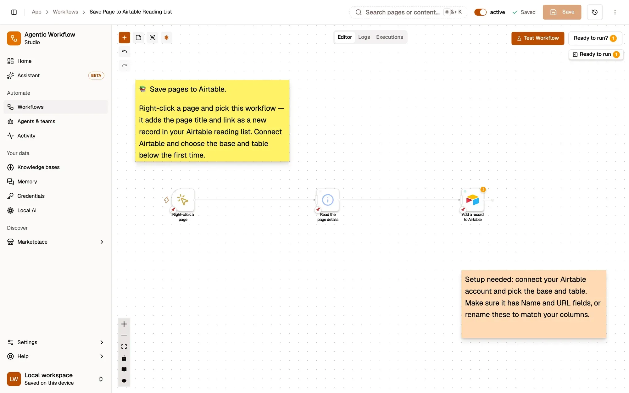 The Save Page to Airtable recipe on the canvas: a context-menu trigger, a step that reads the page details, and the Airtable step