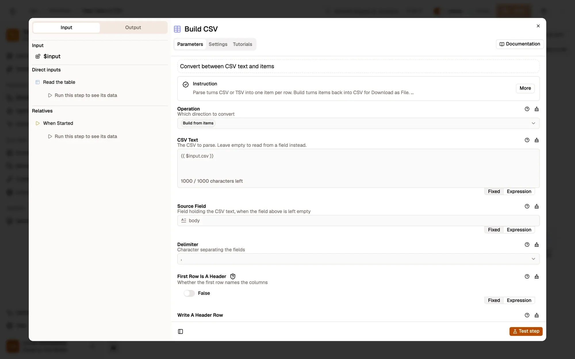 Build the CSV in the AWFlow editor