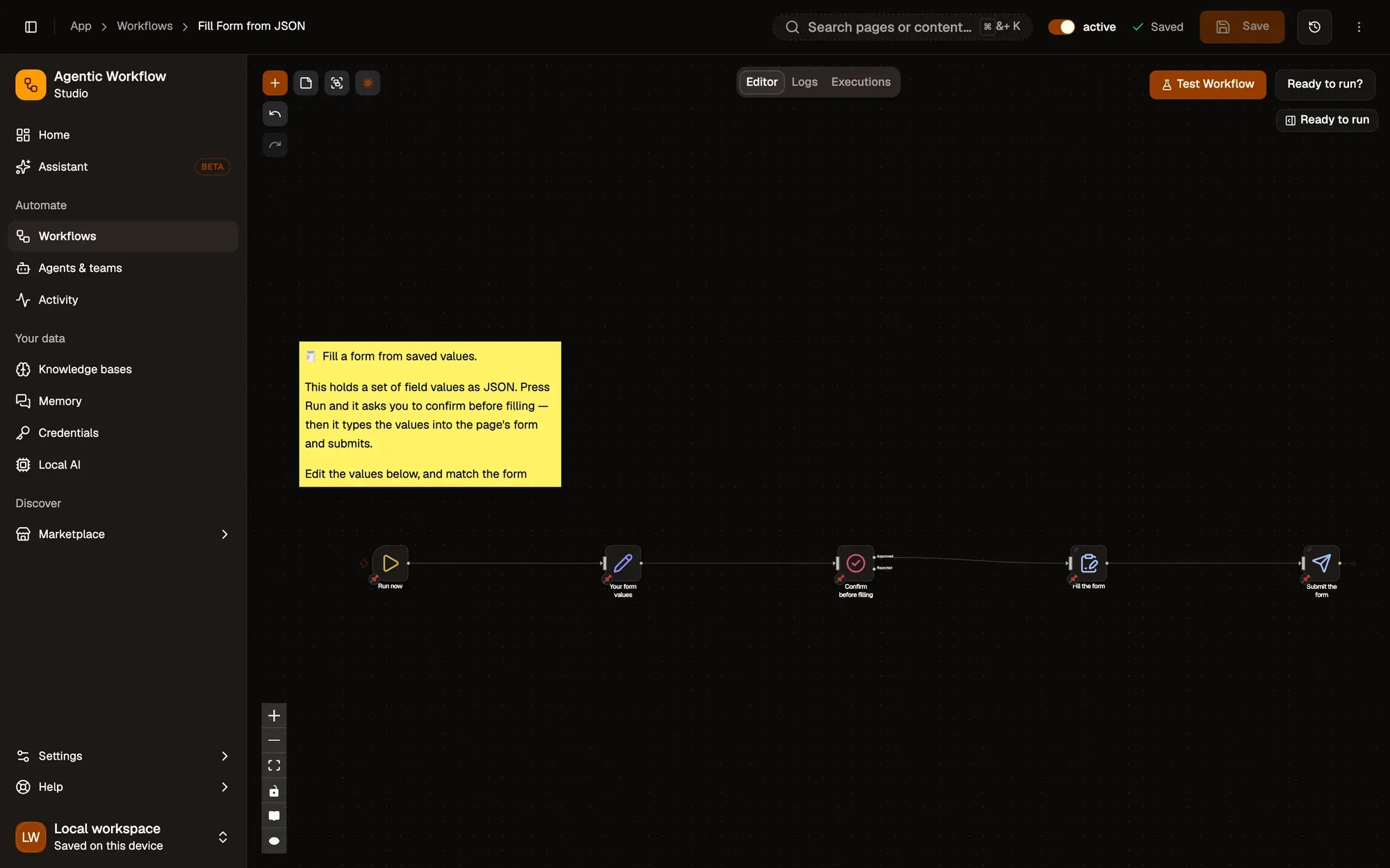 The fill-form recipe on the canvas: a start trigger, saved values, an approval step, the fill step and the submit step