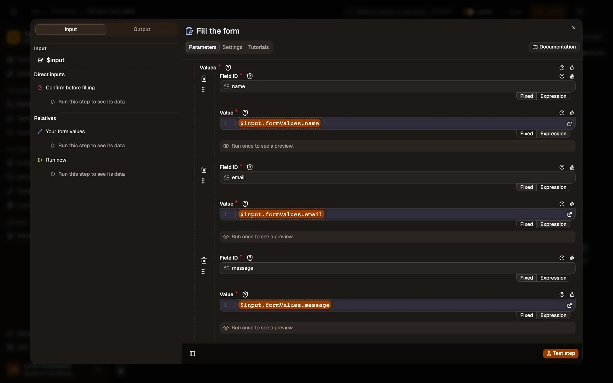 Fill the fields in the AWFlow editor
