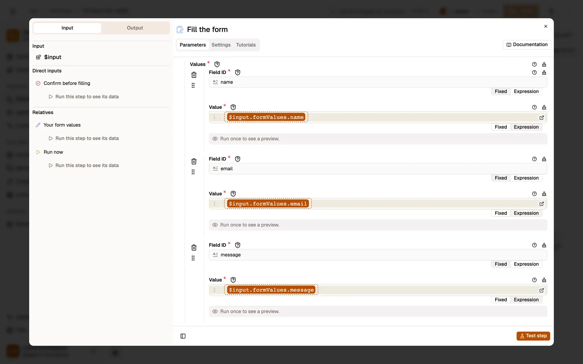 Fill the fields in the AWFlow editor