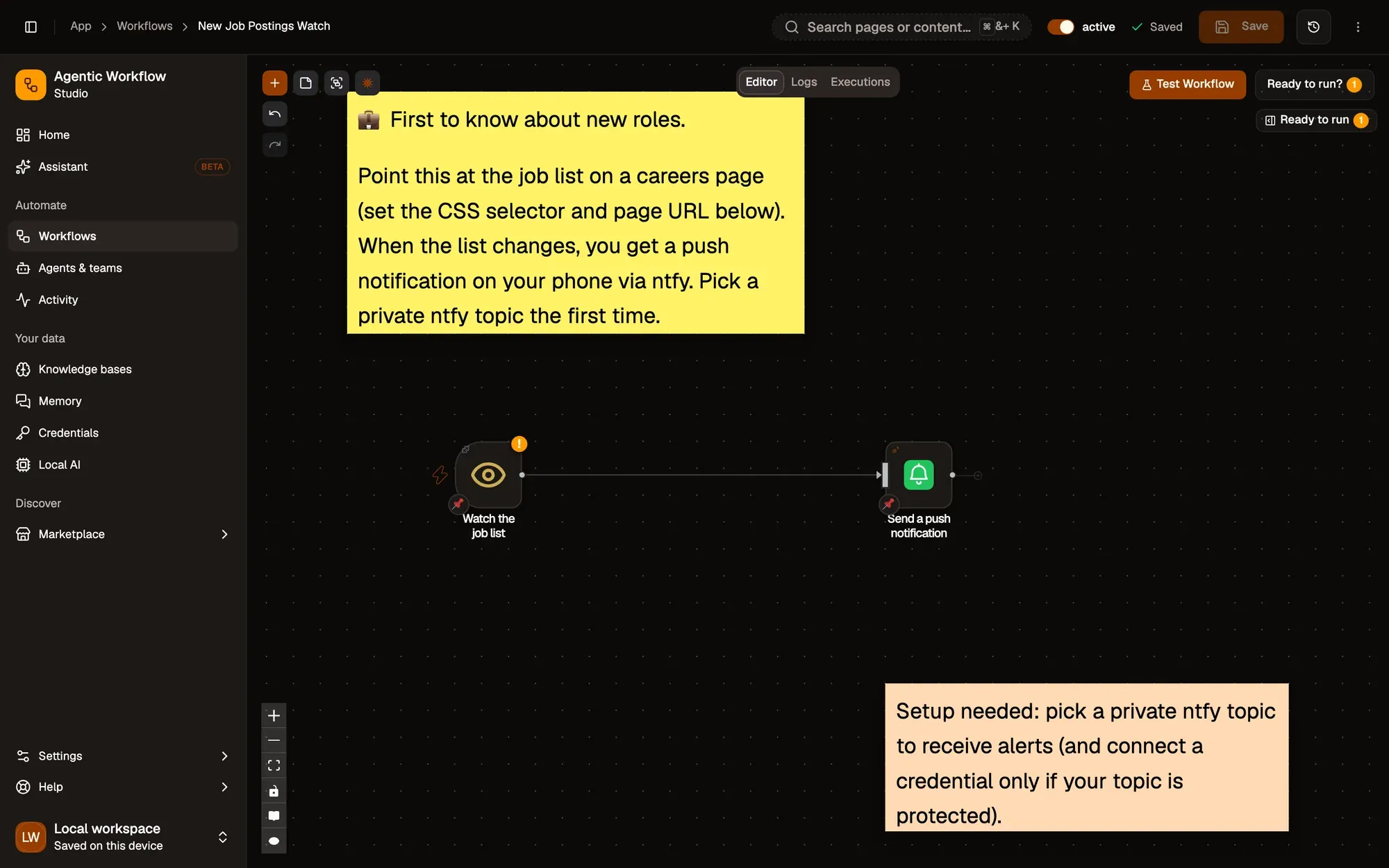 The jobs-alert recipe on the canvas: an element-change trigger on the job list and a push notification step