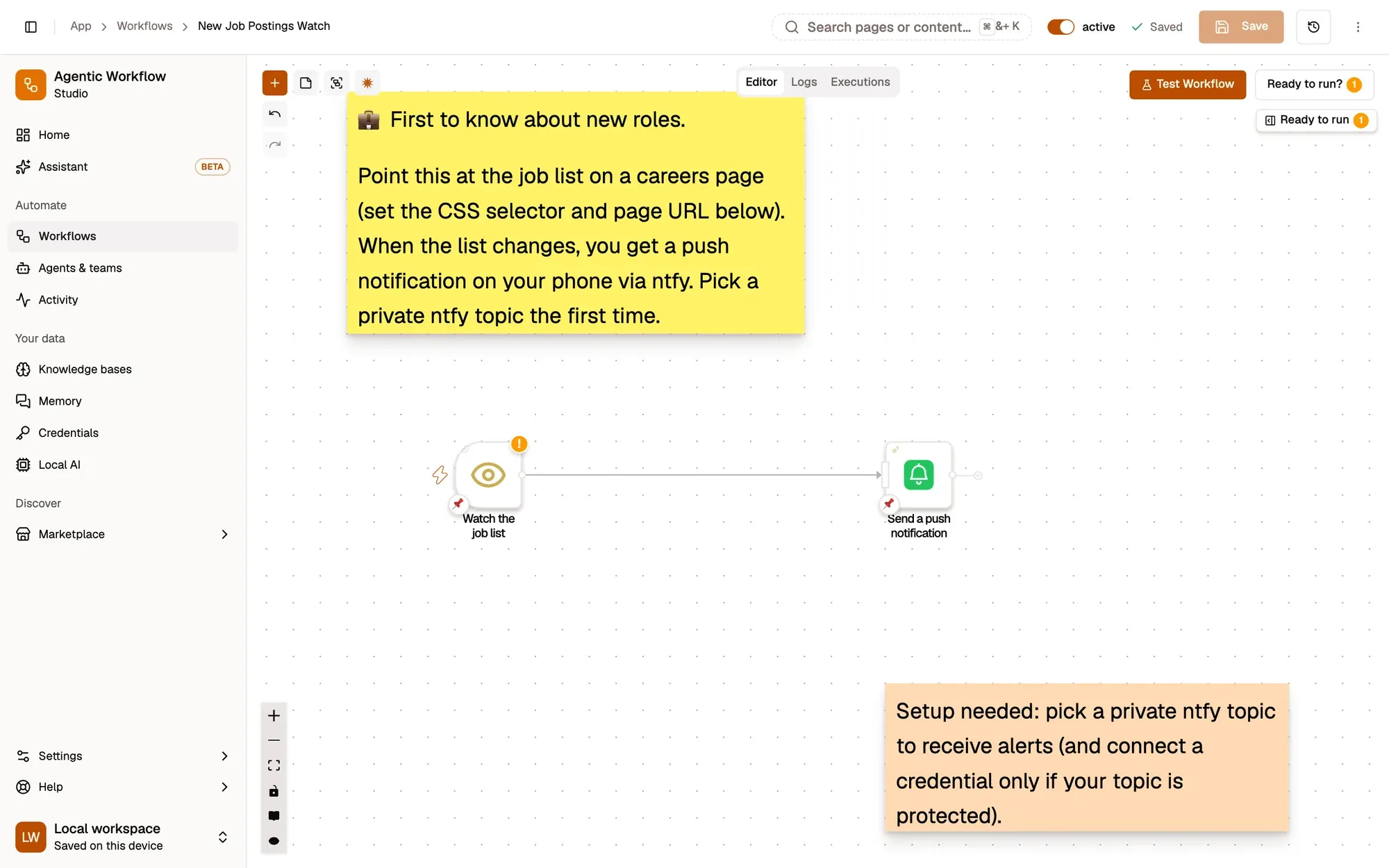 The jobs-alert recipe on the canvas: an element-change trigger on the job list and a push notification step