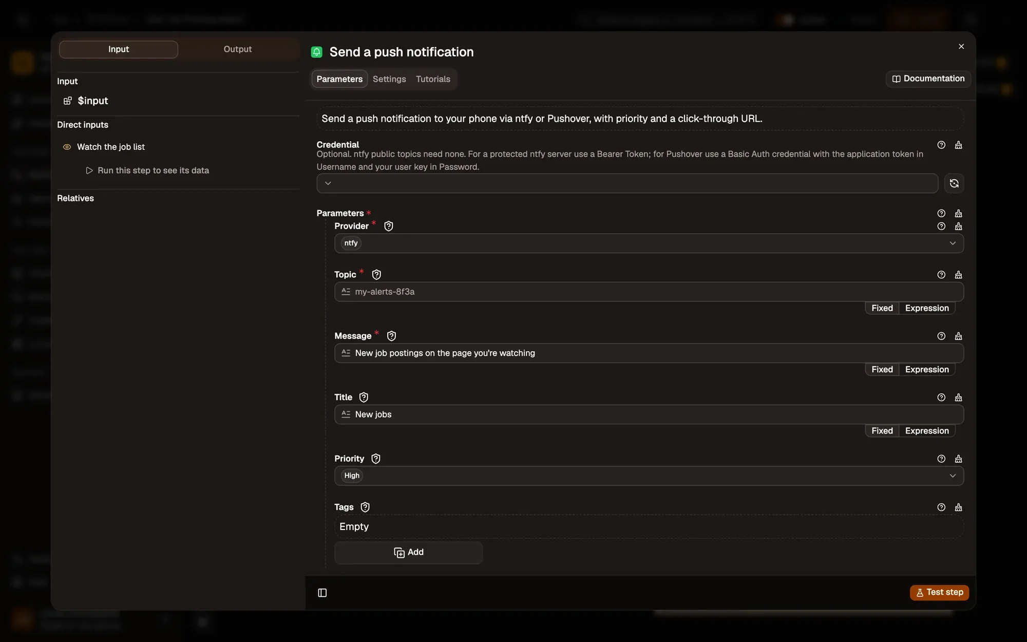 Send a push notification in the AWFlow editor