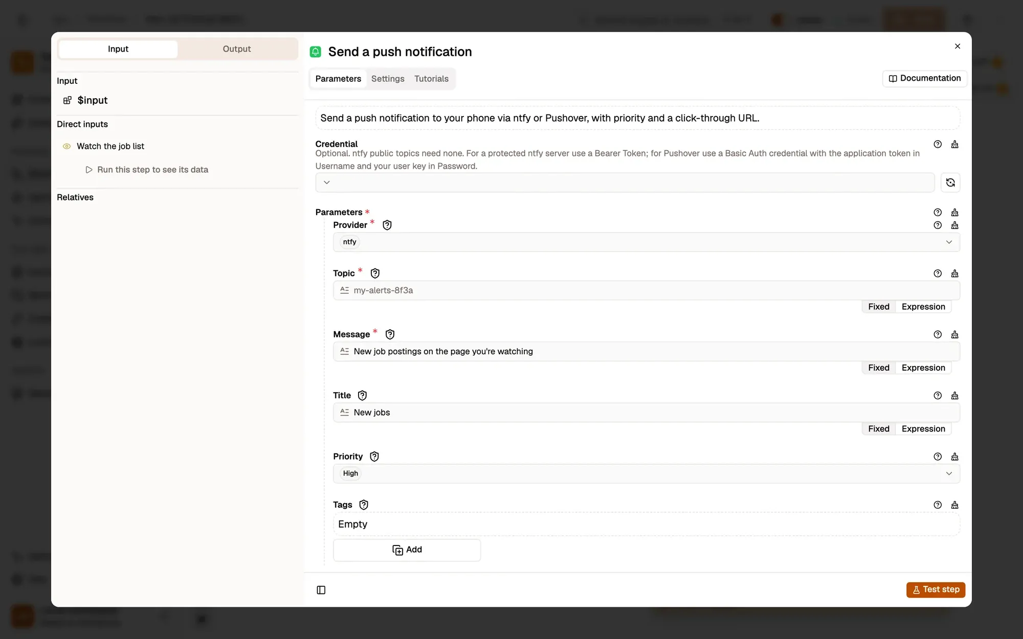 Send a push notification in the AWFlow editor