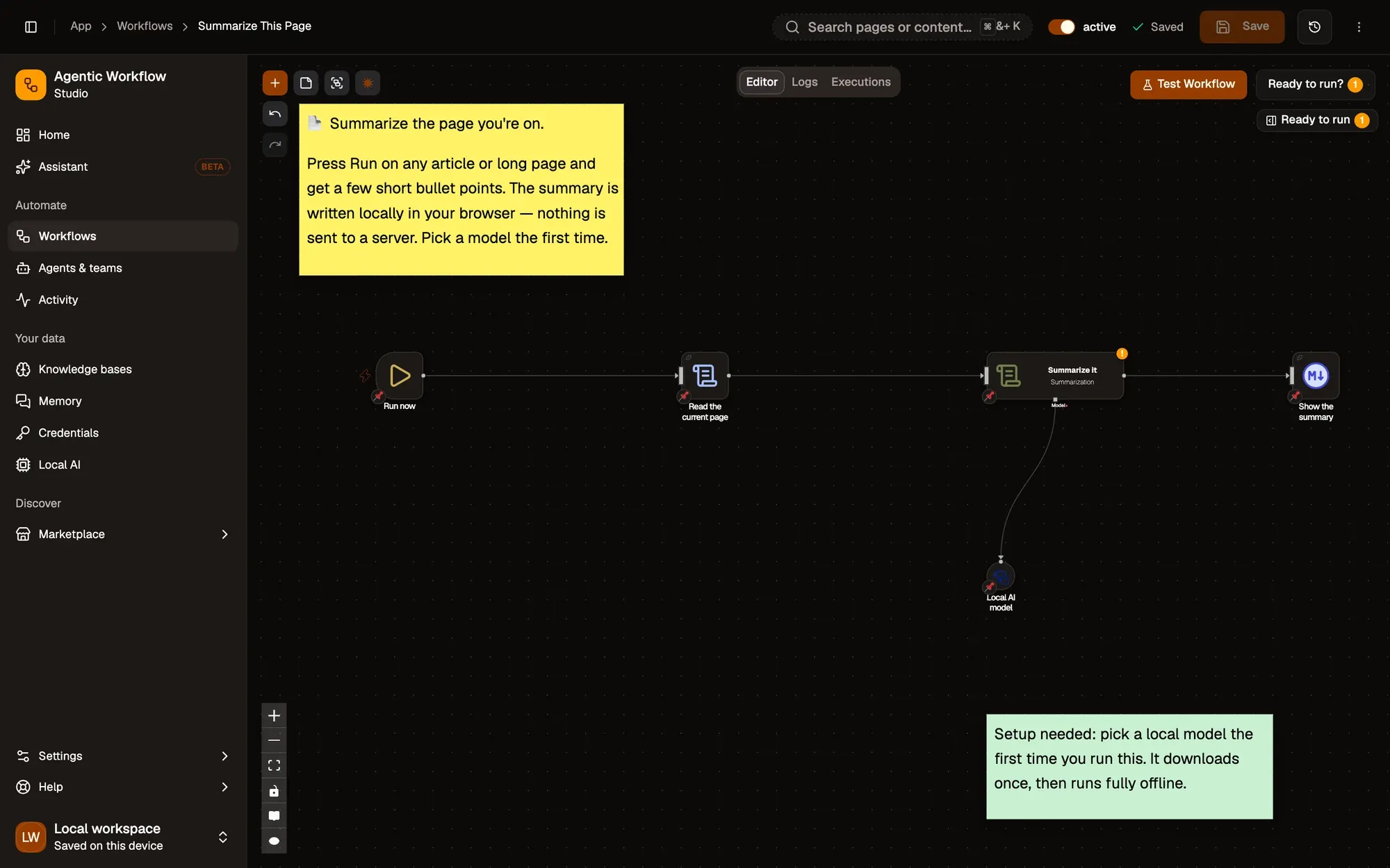 The Summarize This Page recipe on the canvas: a start trigger, a step that reads the page text, an on-device summarisation step and the result display