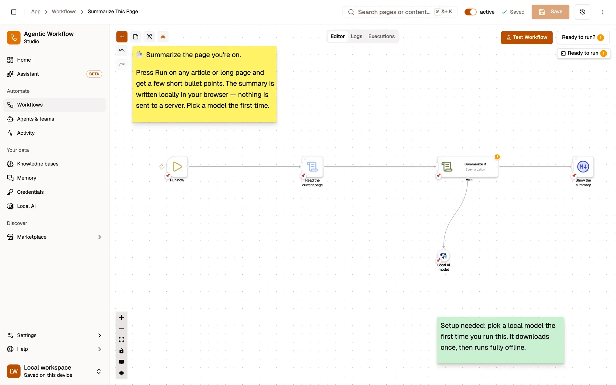 The Summarize This Page recipe on the canvas: a start trigger, a step that reads the page text, an on-device summarisation step and the result display