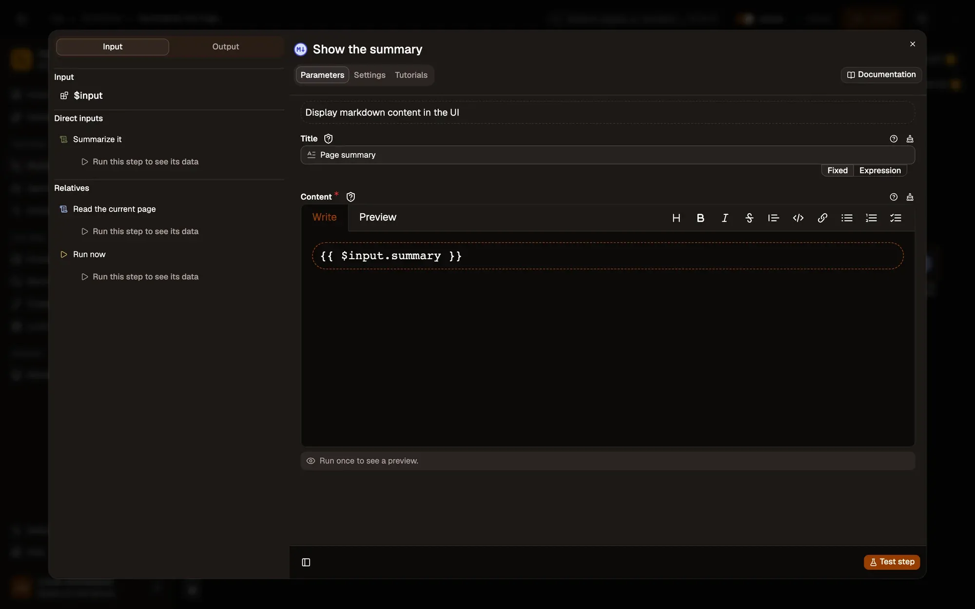 Show the summary on the page in the AWFlow editor