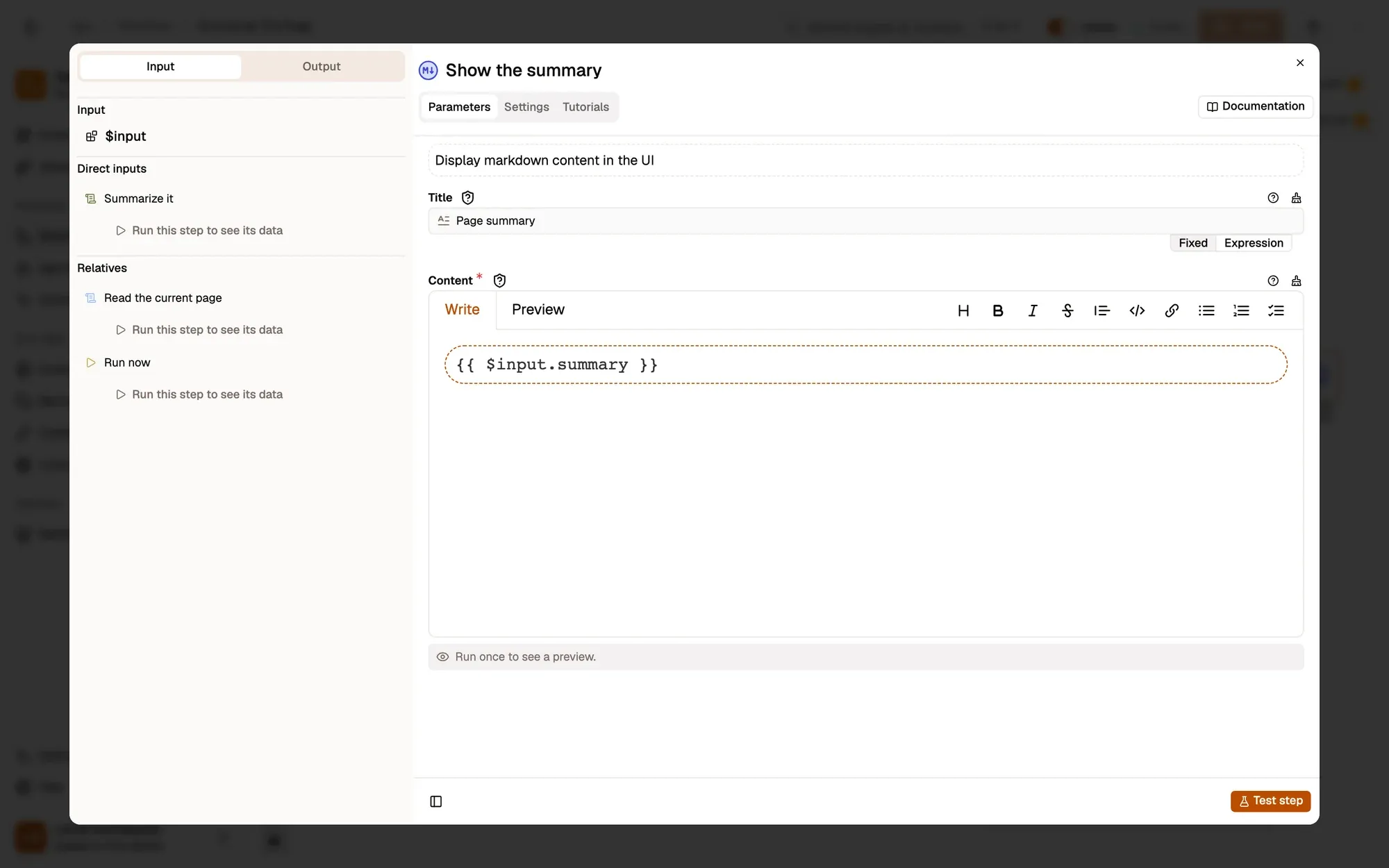 Show the summary on the page in the AWFlow editor