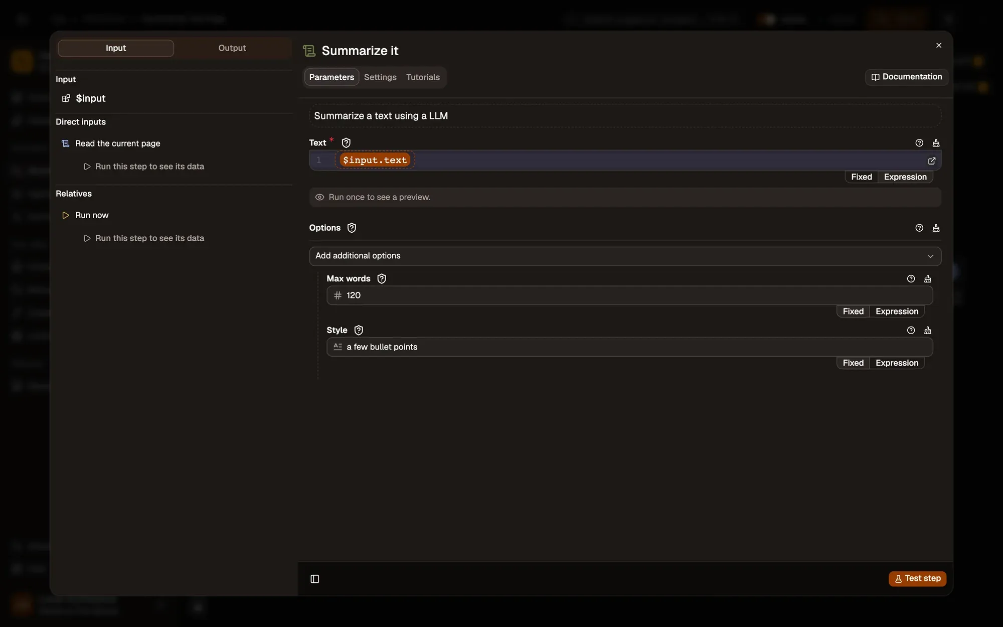 Summarize it on your device in the AWFlow editor