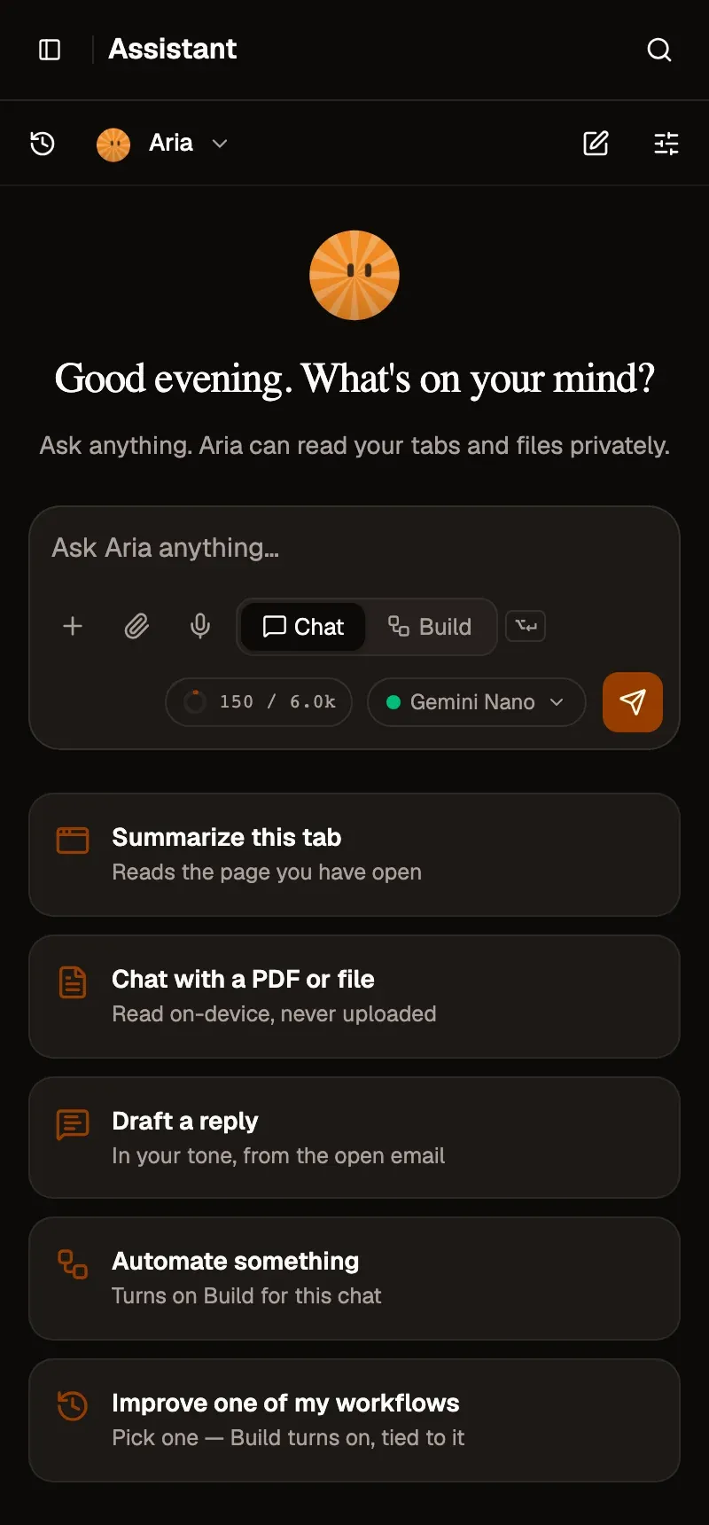 Aria in the browser side panel