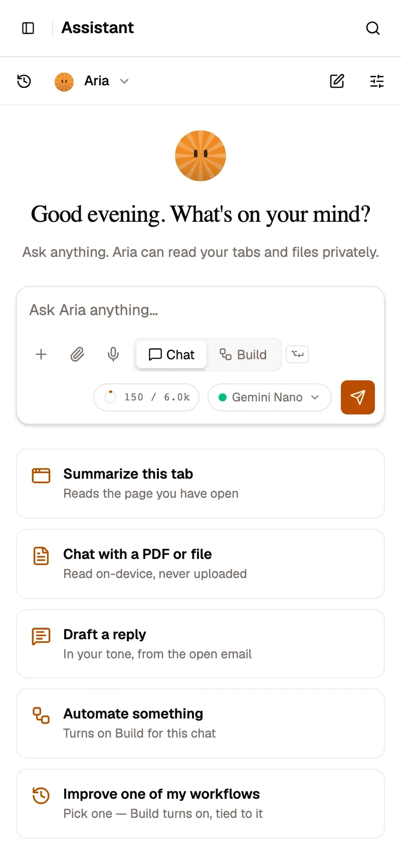 Aria in the browser side panel