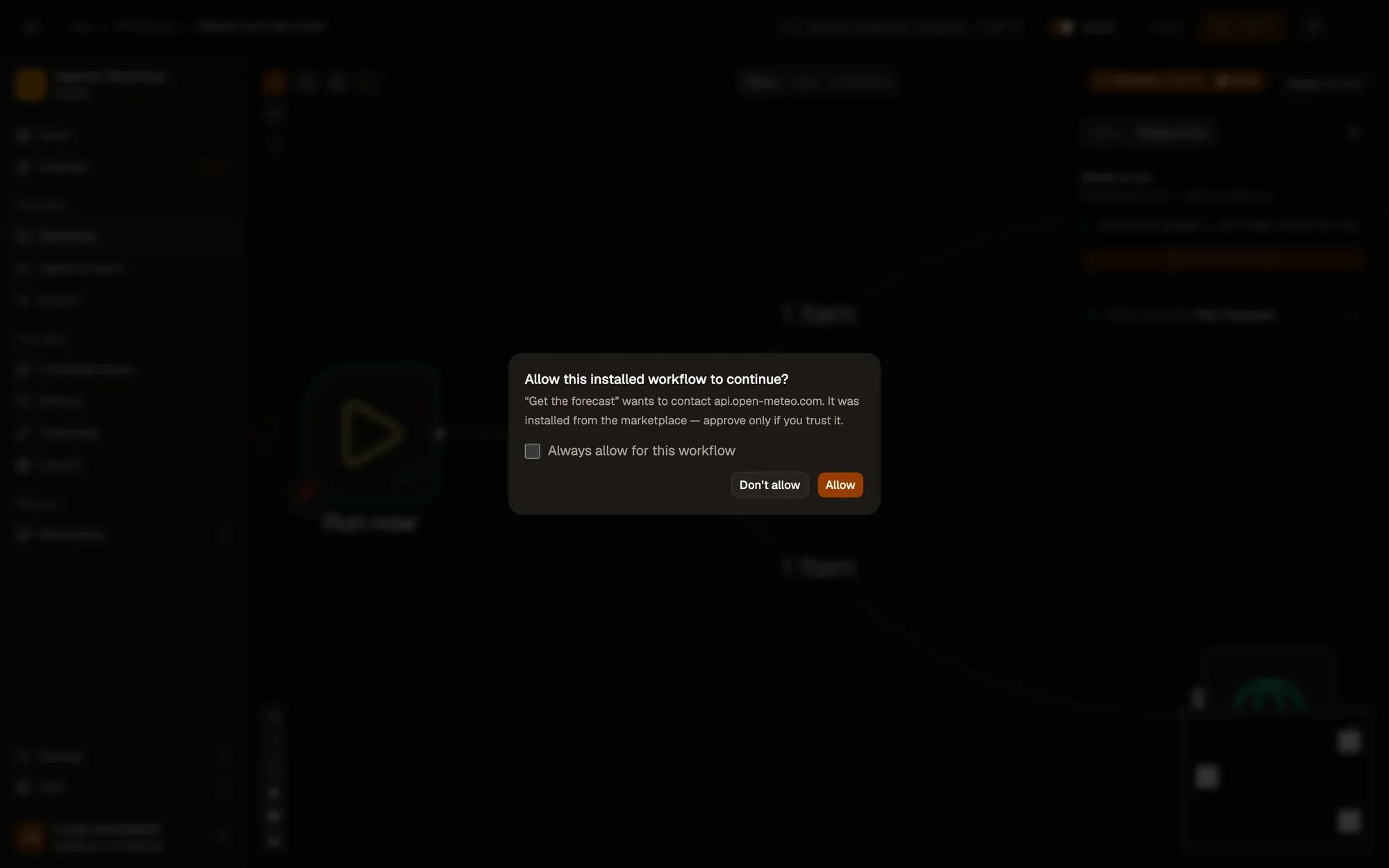 A site-access consent dialog asking whether a workflow step may contact a website