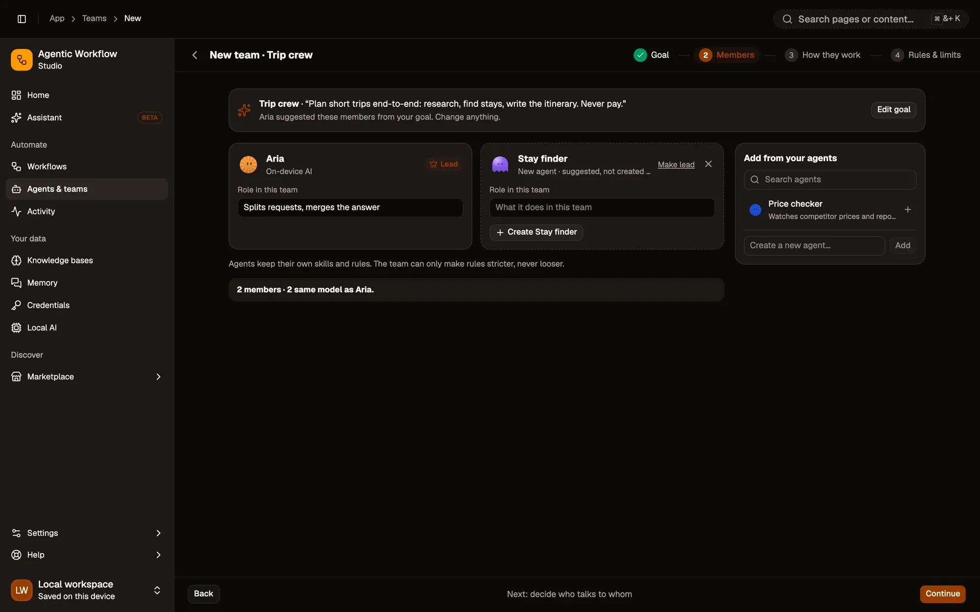 Step 2 Members of the New team wizard for Trip crew: Aria as Lead with the role Splits requests, merges the answer, and a suggested new agent, Stay finder, with Make lead, a role field and Create Stay finder. On the right, Add from your agents with a search box and a Create a new agent field.