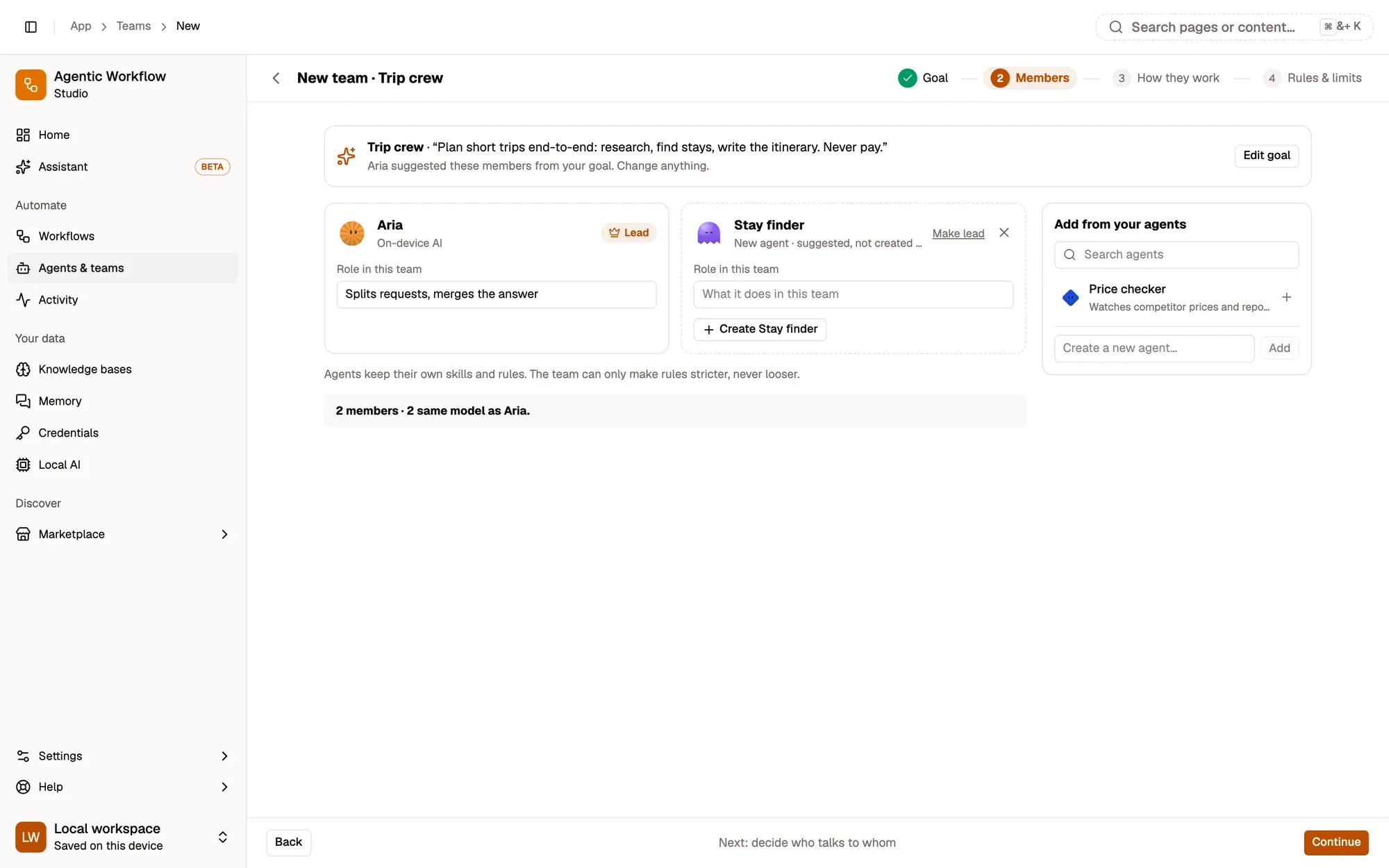 Step 2 Members of the New team wizard for Trip crew: Aria as Lead with the role Splits requests, merges the answer, and a suggested new agent, Stay finder, with Make lead, a role field and Create Stay finder. On the right, Add from your agents with a search box and a Create a new agent field.