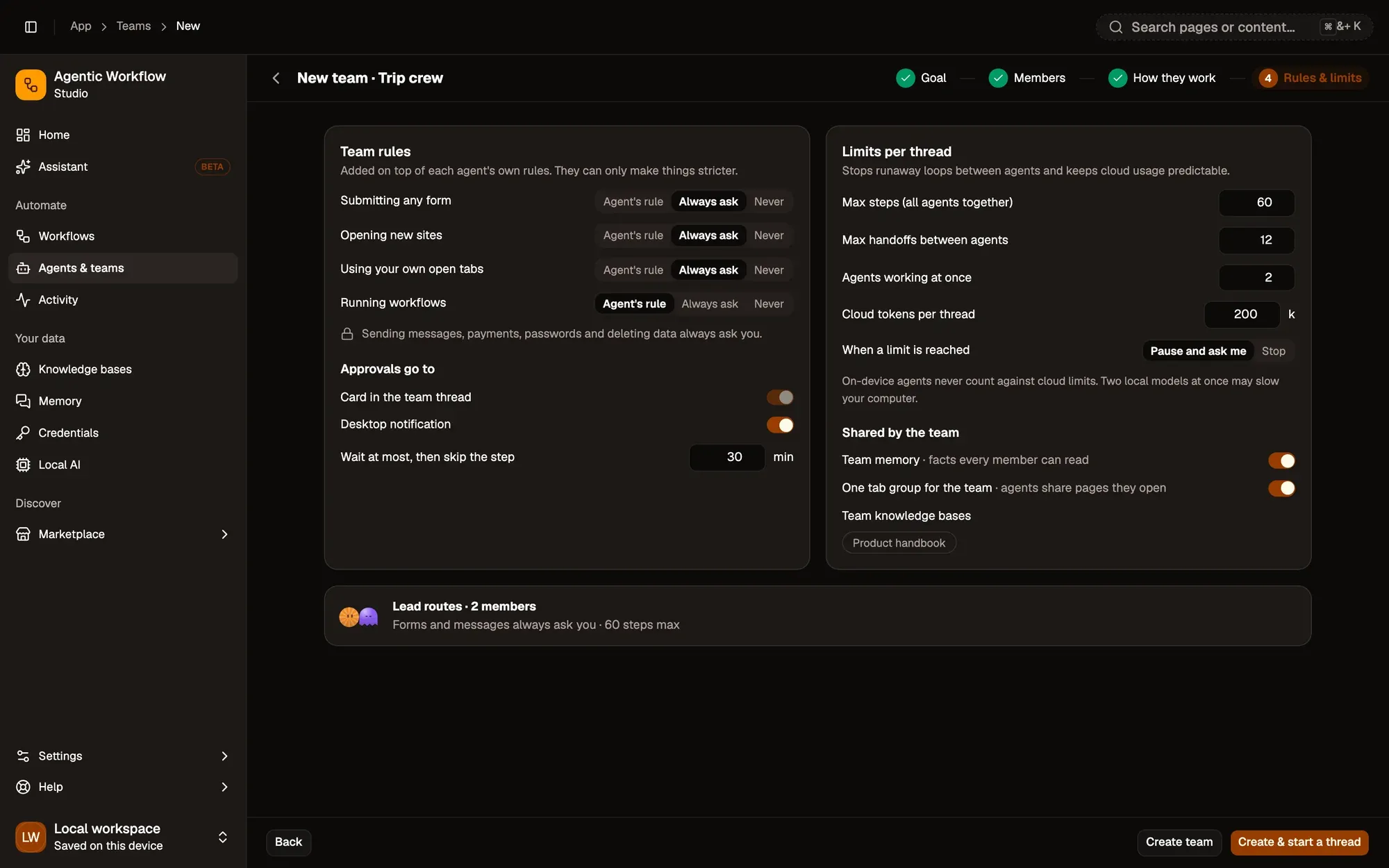 Rules configured for an agent team
