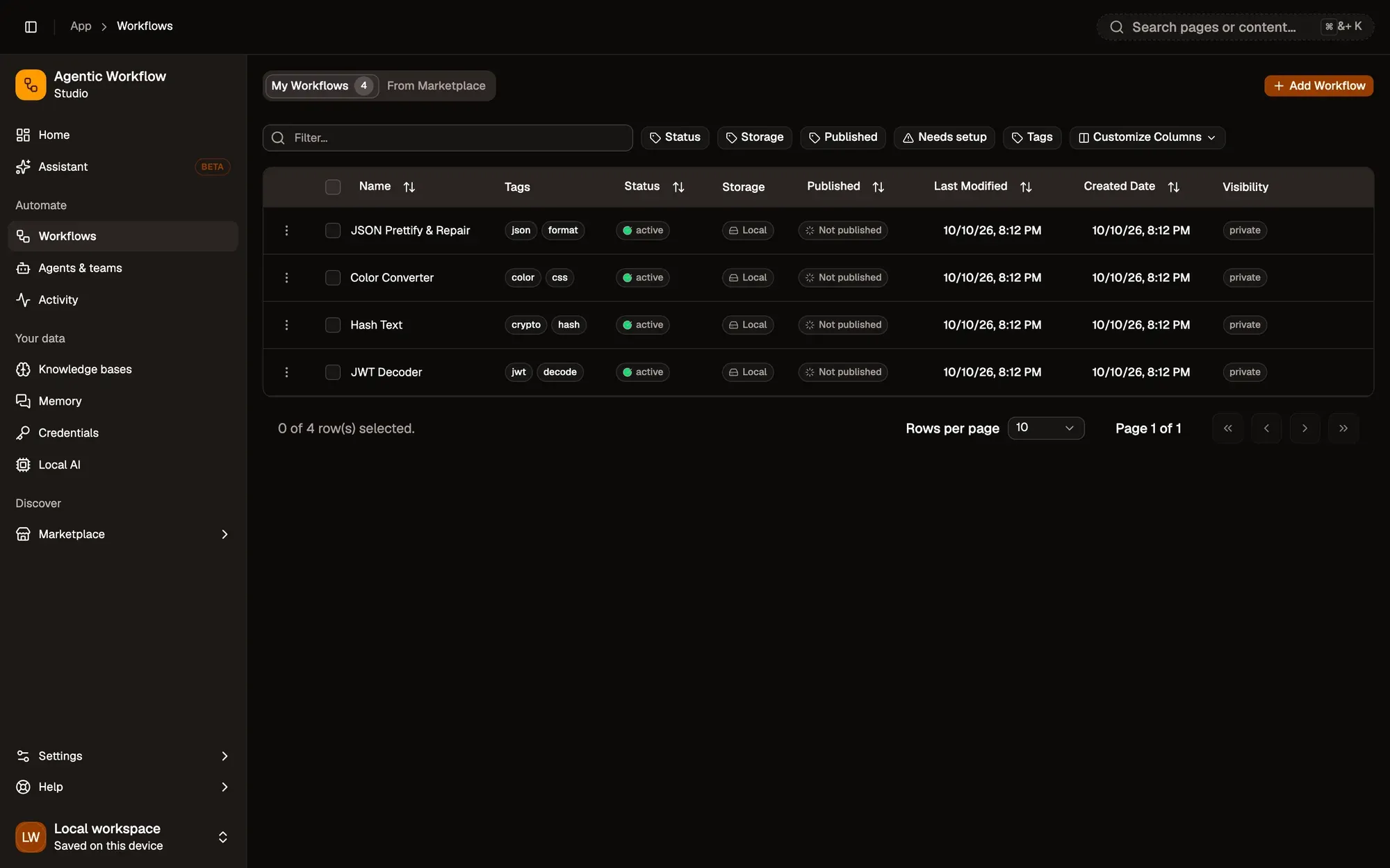 La liste des workflows AWFlow