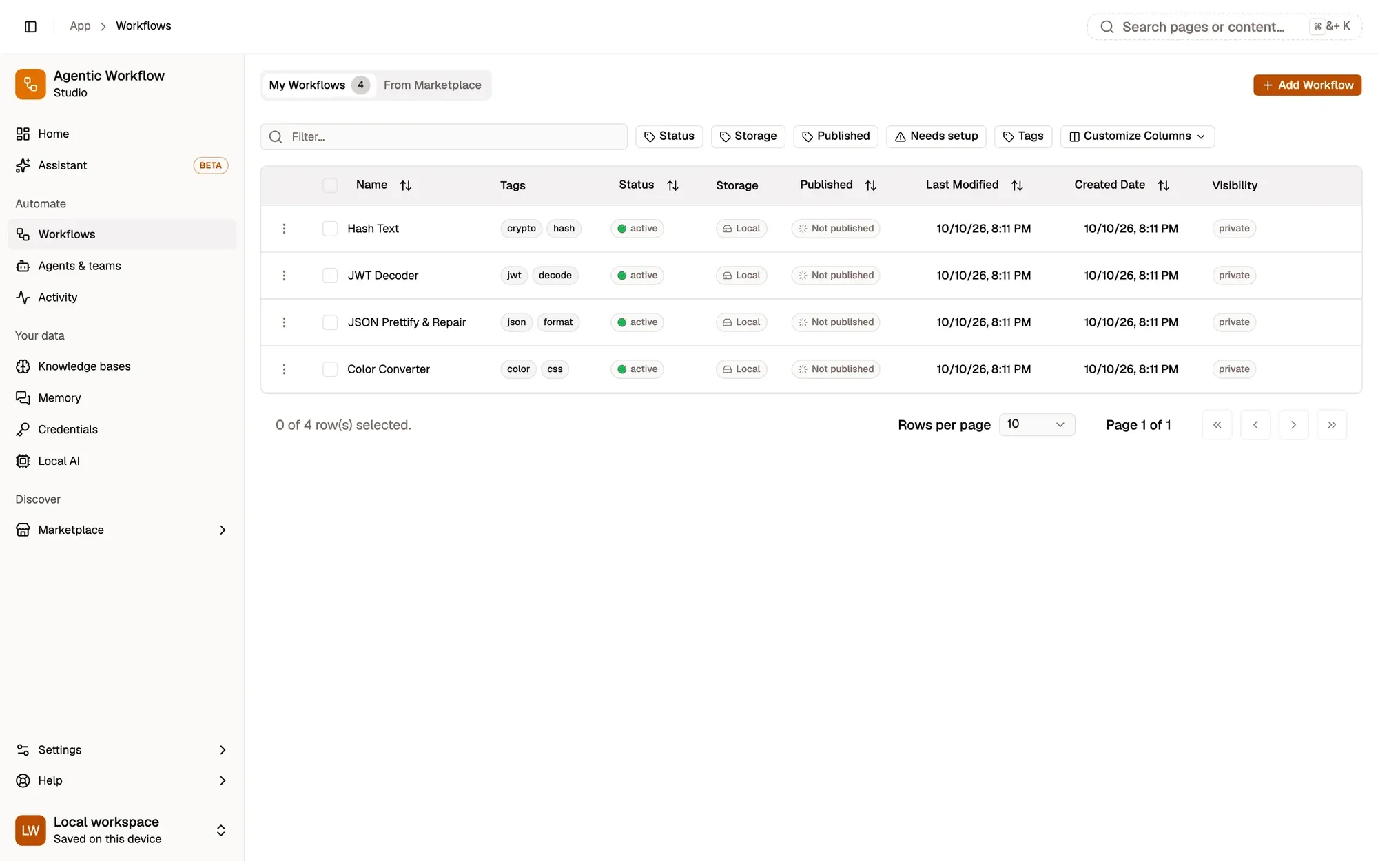 La liste des workflows AWFlow